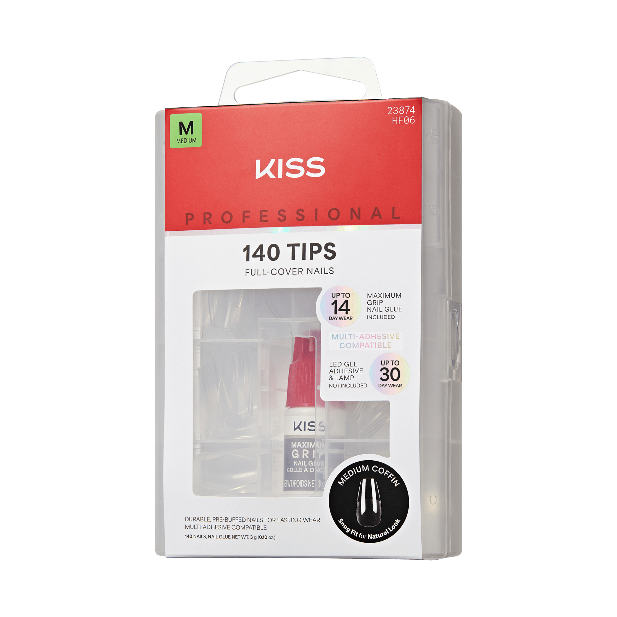 KISS Professional 140 Tips Full-Cover Nails, Medium, with nail glue included