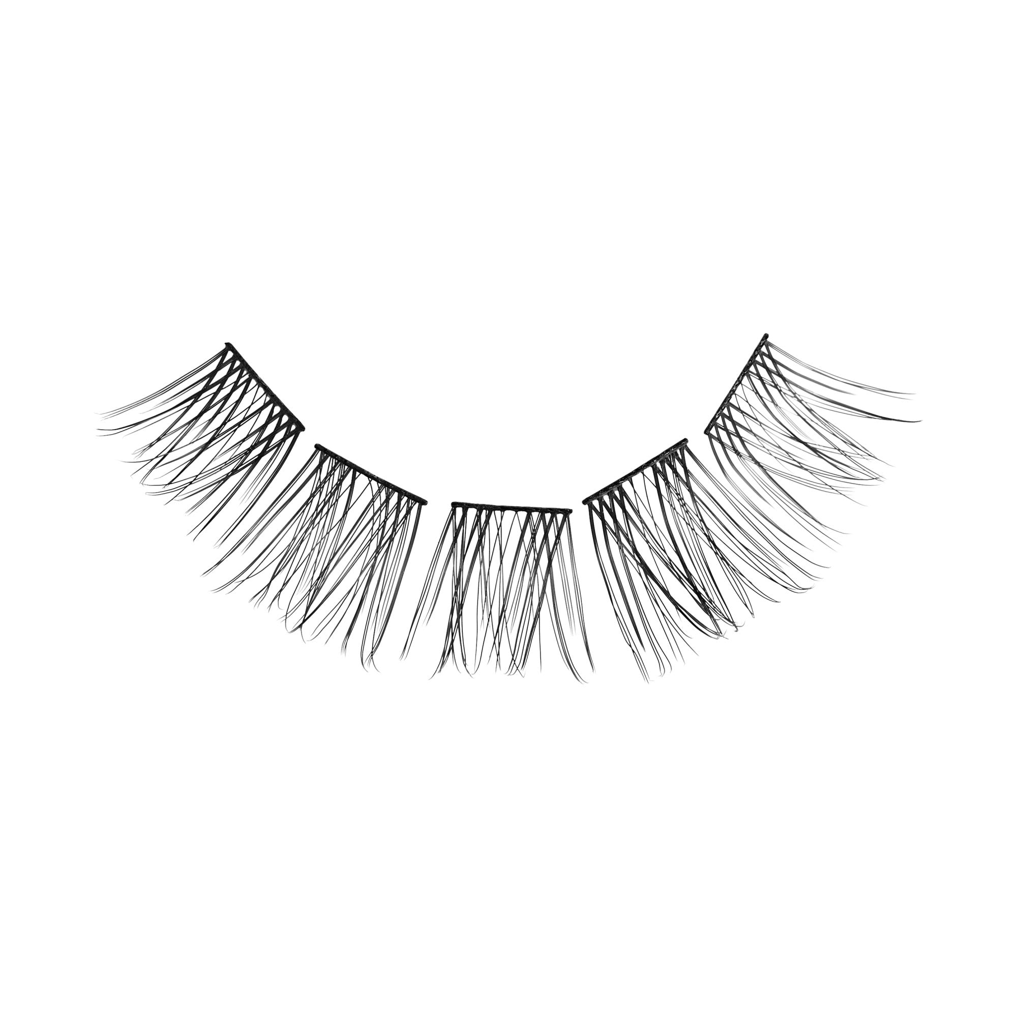 Black individual eyelash wisps arranged in a curved line on a white background, designed for natural lengthening and volume.
