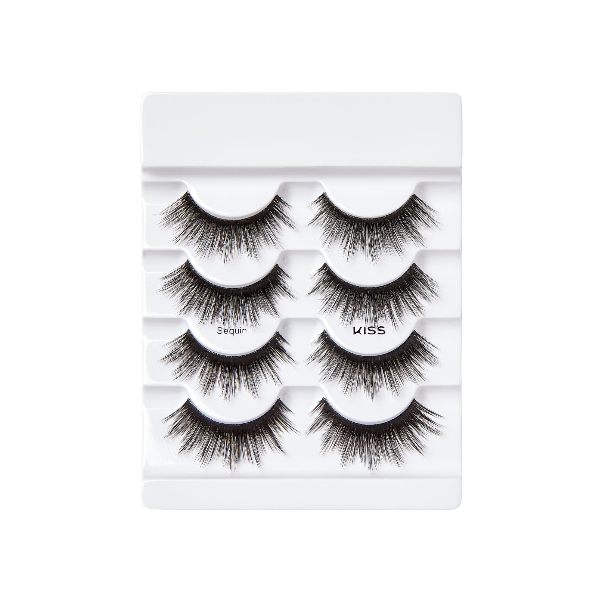 Set of four pairs of black, wispy faux mink false eyelashes arranged in a white plastic tray with the words \