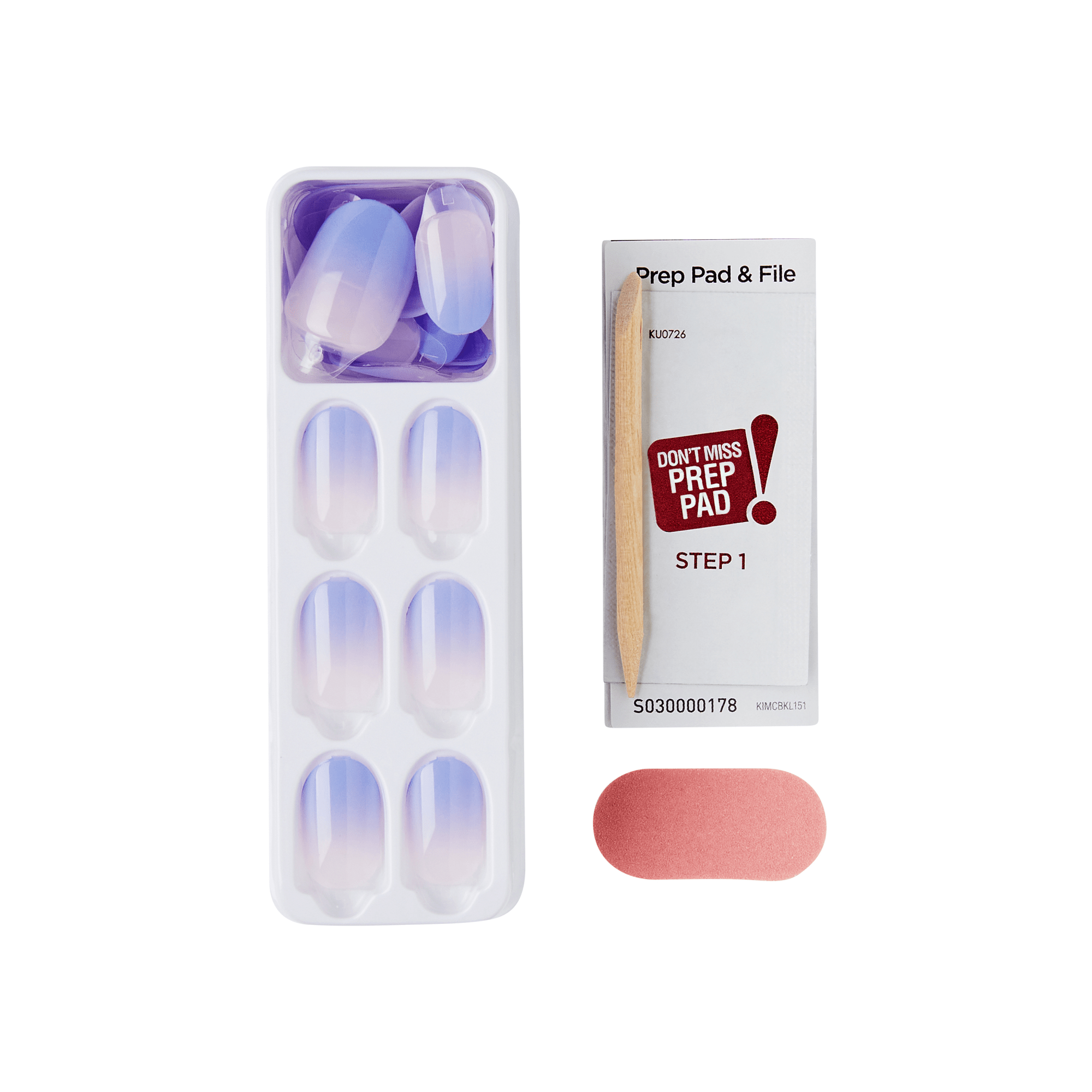 The image features a nail kit that includes a tray of false nails and a prep pad. The tray contains several false nails in a gradient color, transitioning from a light purple to a soft pink. Next to the tray is a prep pad and a nail file, both packaged together. The prep pad is labeled as "Step 1" and emphasizes the importance of preparation with a bold "Don&