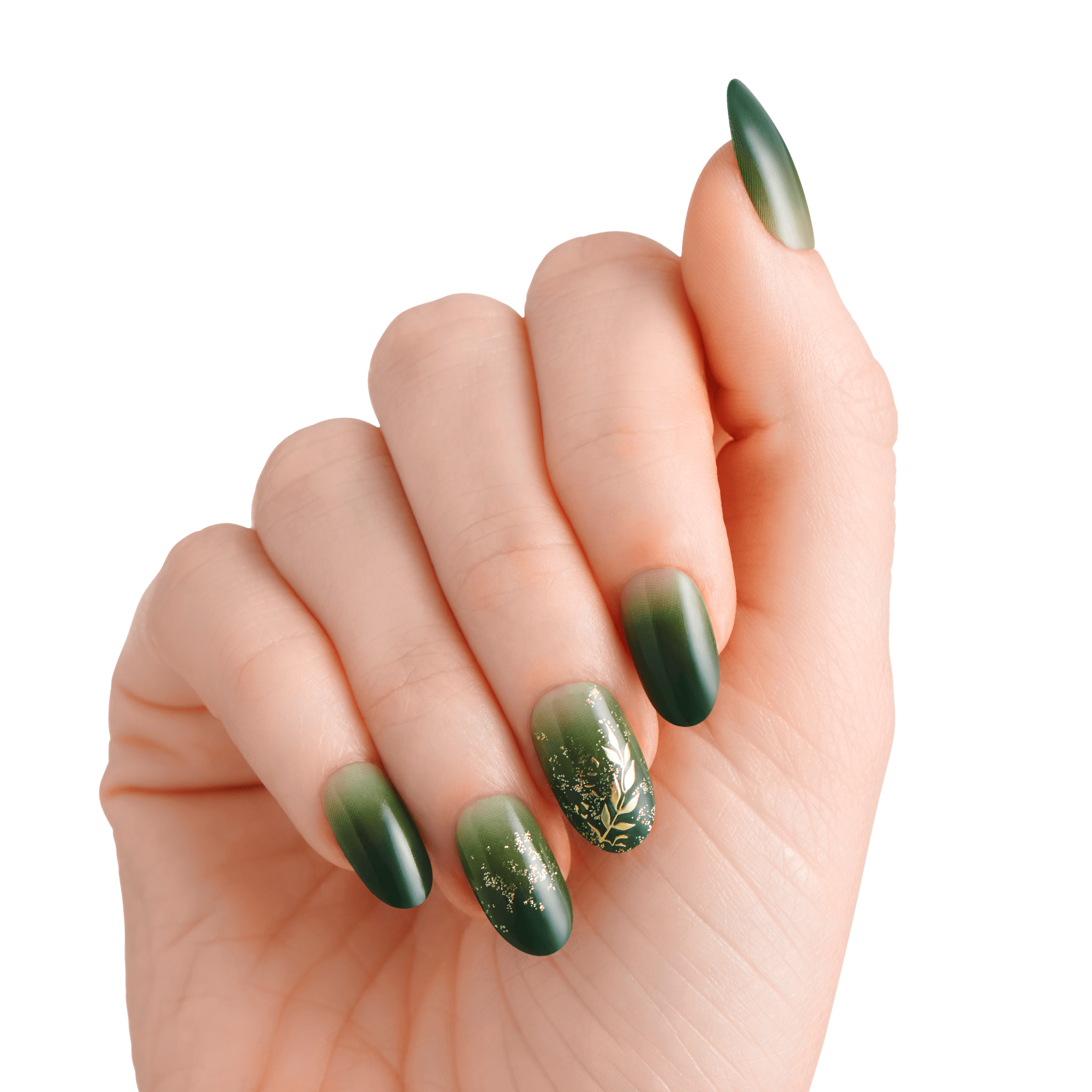 The image features a hand with elegantly manicured nails showcasing a gradient design in shades of green. The nails are almond-shaped, with a smooth finish that transitions from a lighter green at the base to a darker green at the tips. One of the nails is adorned with a delicate, artistic design that resembles foliage or branches, adding a touch of nature-inspired elegance to the overall look. The background is plain white, emphasizing the beauty of the nail art.