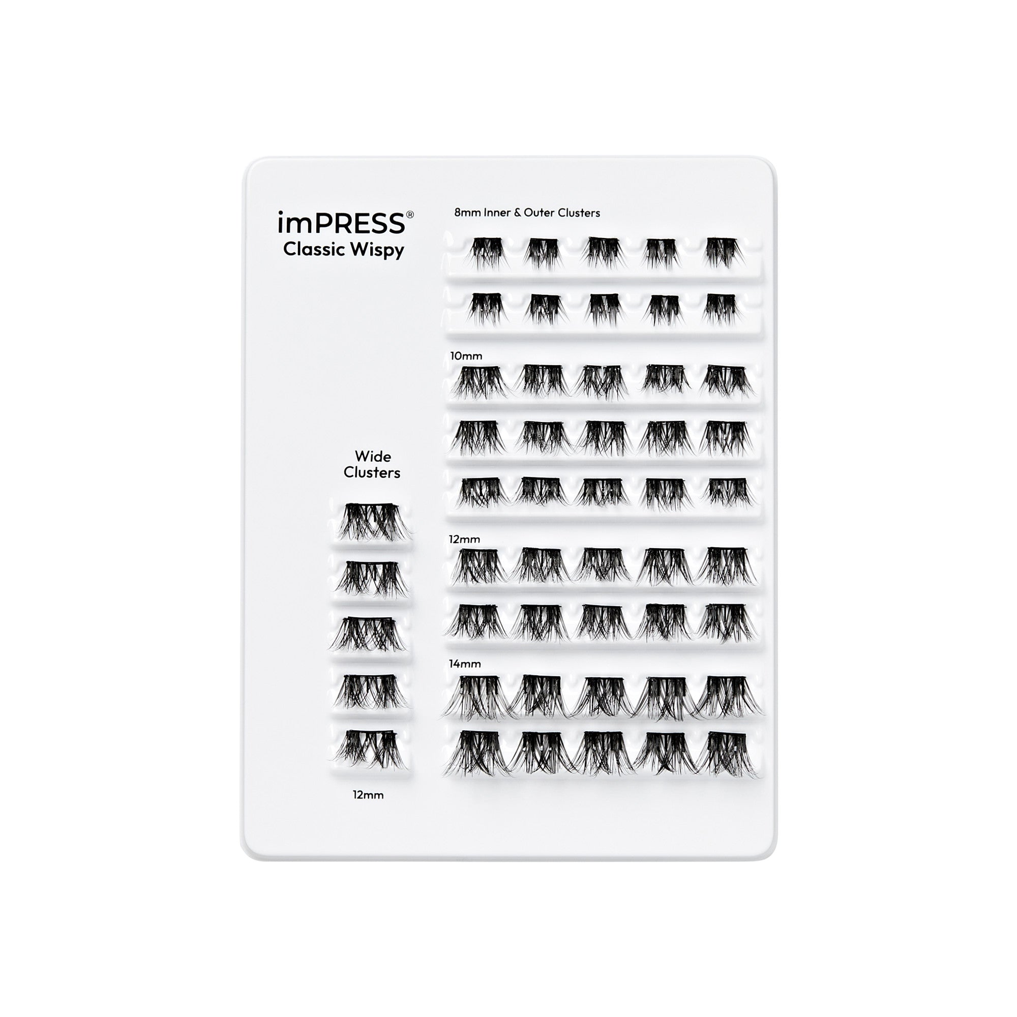 imPRESS Classic Wispy lash cluster display chart showing 8mm-14mm sizes