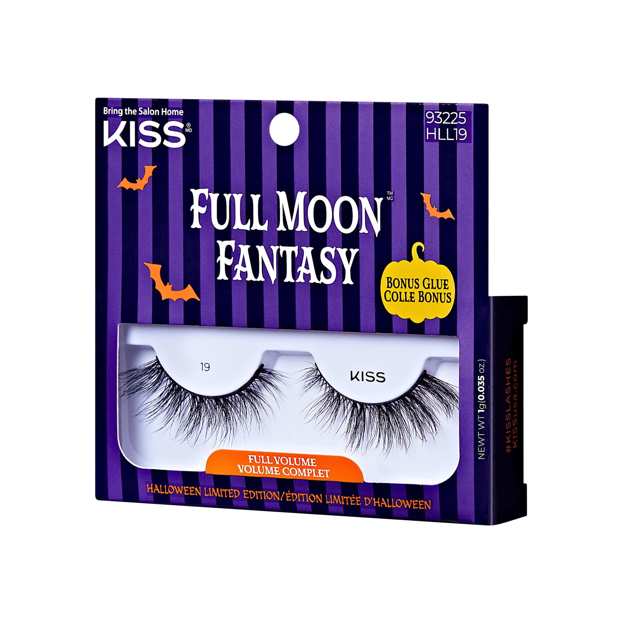 The image shows a package of false eyelashes from the brand "KISS." The product is named "Full Moon Fantasy" and is described as "Full Volume." The packaging is designed with a Halloween theme, featuring purple and black vertical stripes, and includes images of bats and a crescent moon. The package also mentions that it is a "Halloween Limited Edition." Additionally, there is a note indicating that a bonus glue is included. The product code "93225 HLL19" is visible on the top right corner of the package.