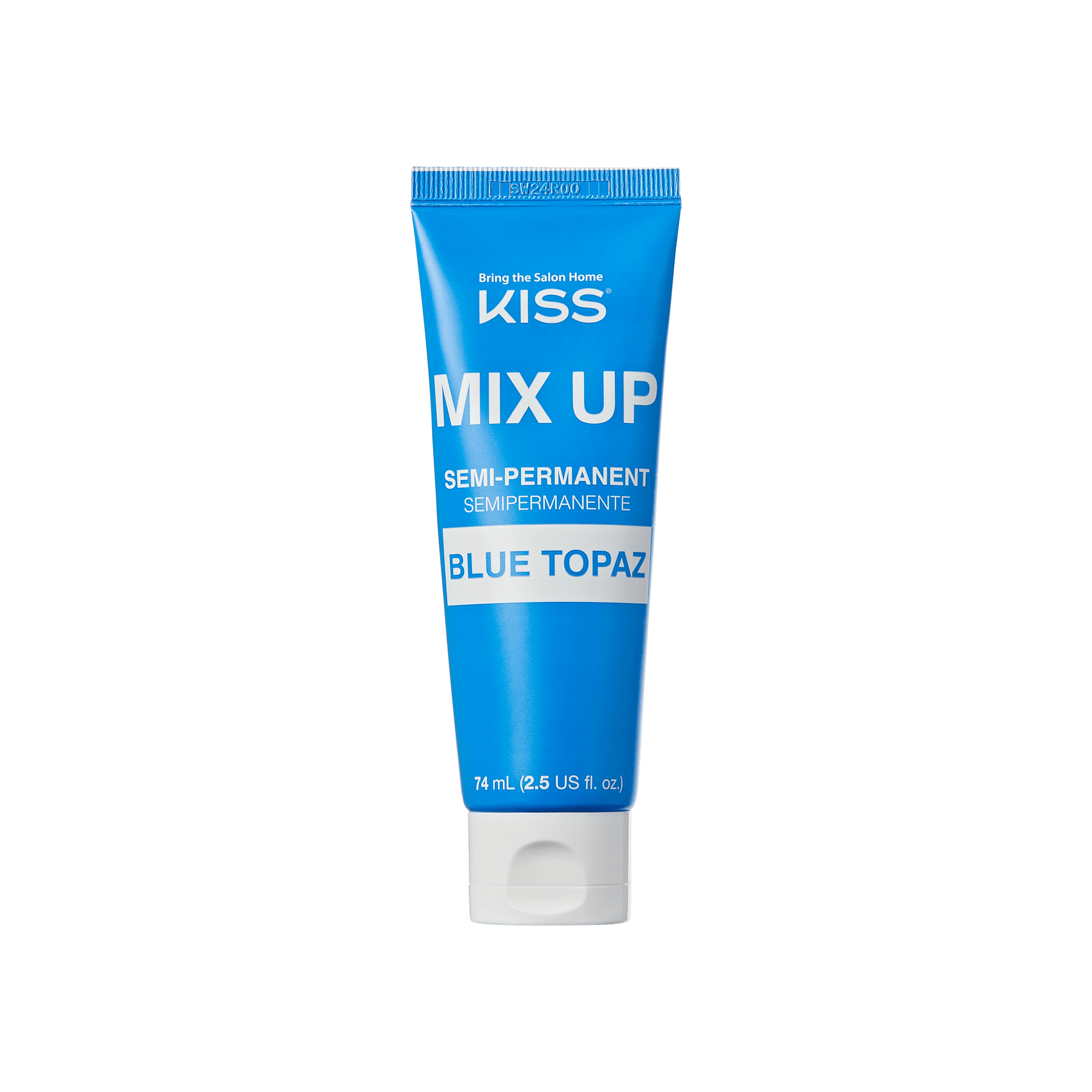 The image shows a tube of hair dye from the brand "KISS." The product is named "MIX UP" and is a semi-permanent hair color. The specific shade is "Blue Topaz." The tube has a blue color with white text. It contains 74 ml (2.5 US fl. oz) of product. The text on the tube also includes the phrase "Bring the Salon Home.