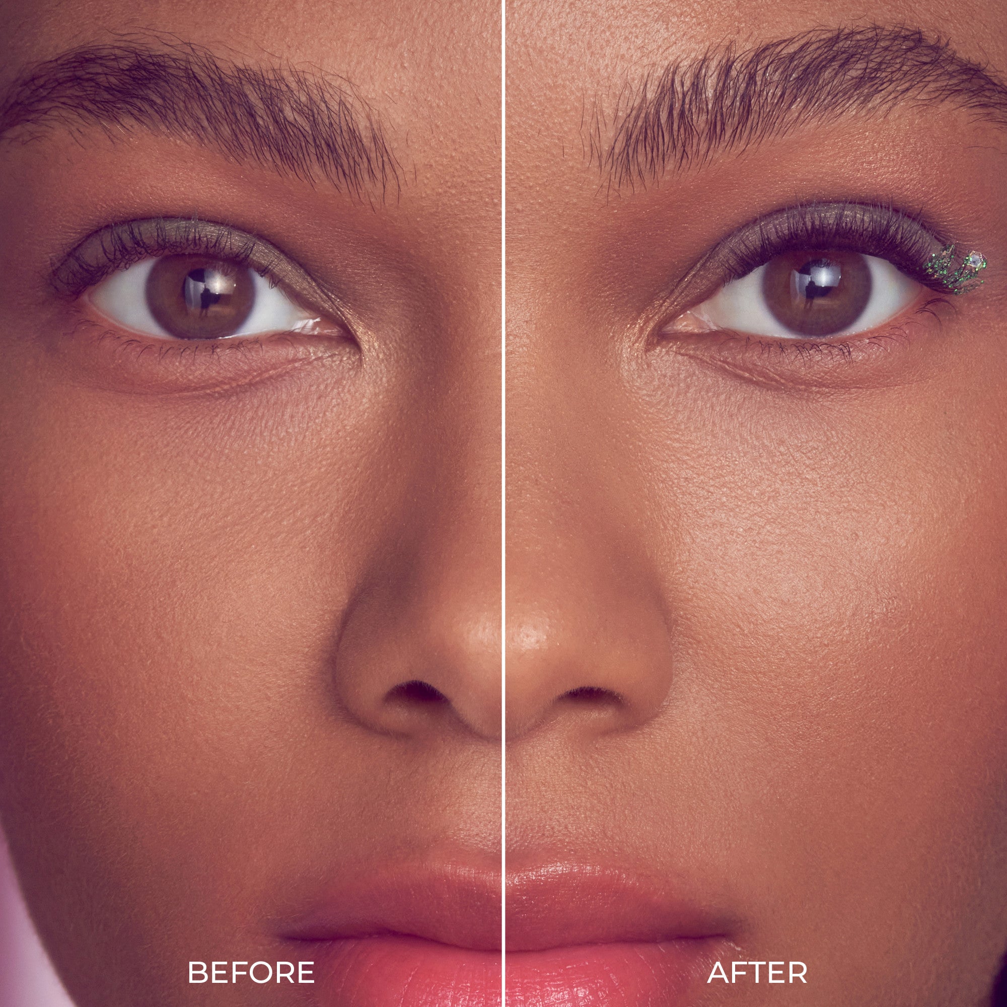 Before and after eye makeup comparison showing eyeshadow and glitter application.