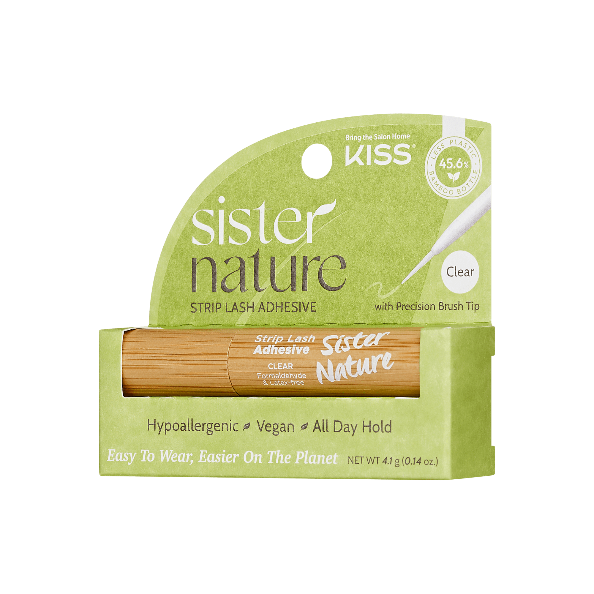 The image shows a product package for "Sister Nature Strip Lash Adhesive" by KISS. The packaging is primarily green and white with natural, eco-friendly design elements. The product is described as clear adhesive with a precision brush tip. Key features highlighted on the packaging include that it is hypoallergenic, vegan, and offers all-day hold. The package also emphasizes that it is easy to wear and environmentally friendly. The net weight of the product is 4.4 grams (0.14 ounces).