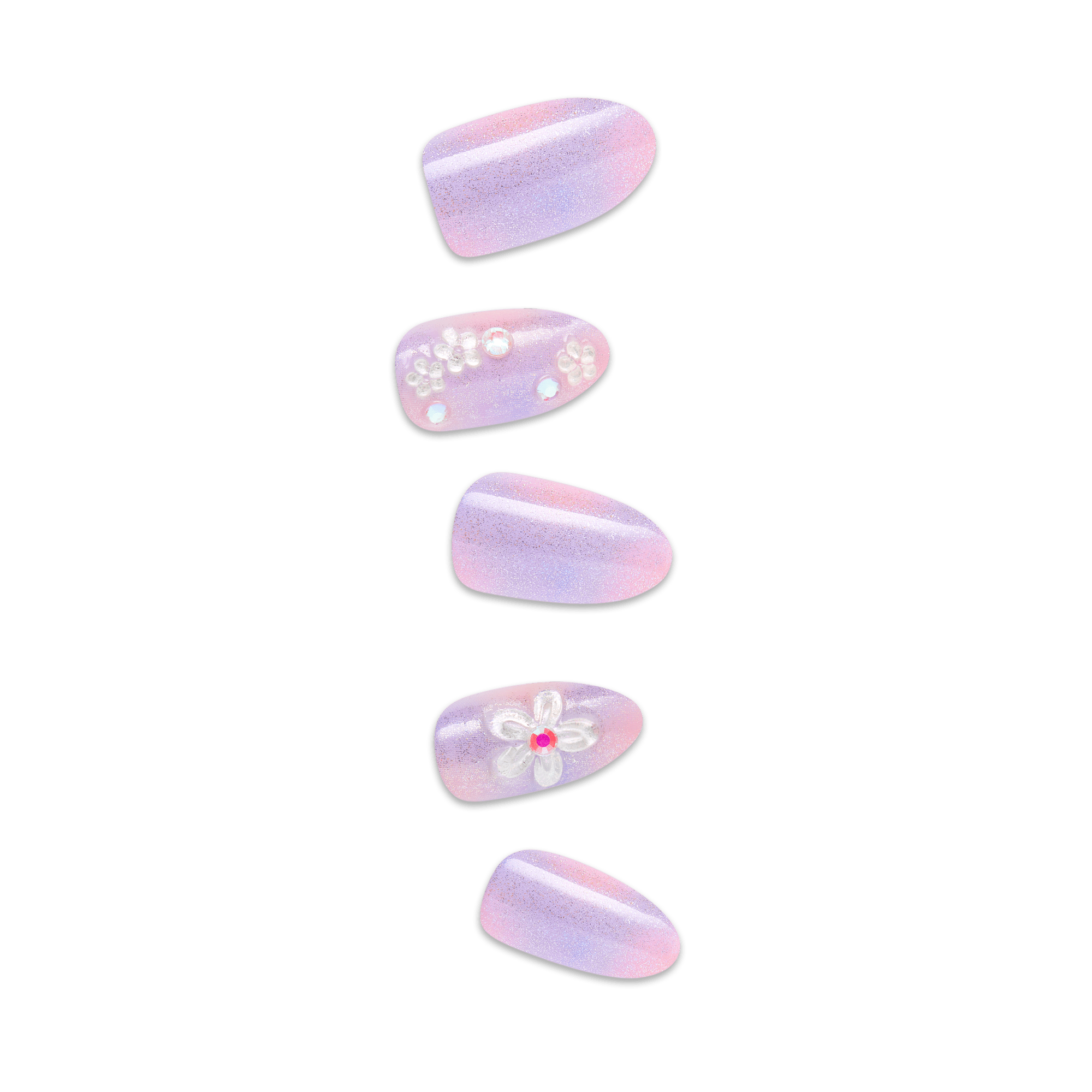 Five pink glitter press-on nails with rhinestone and flower embellishments.