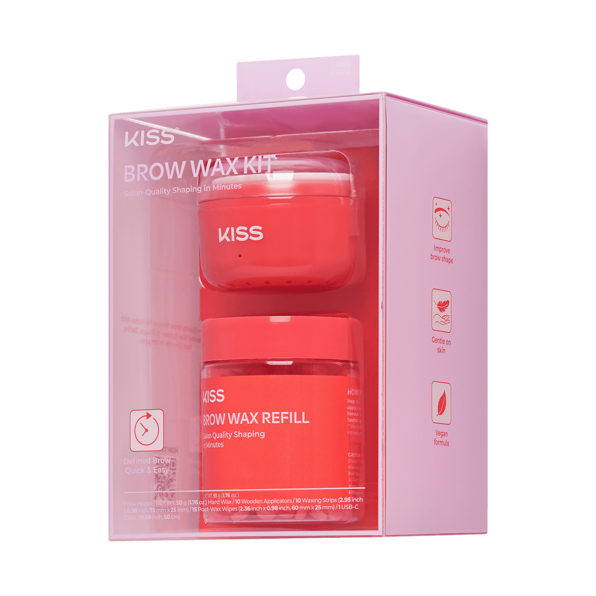 Kiss Brow Wax Kit | Starter Kit, Heater, Hard Wax, 10 Applicators, 10 Waxing Strips, 15 Post-Wax Wipes