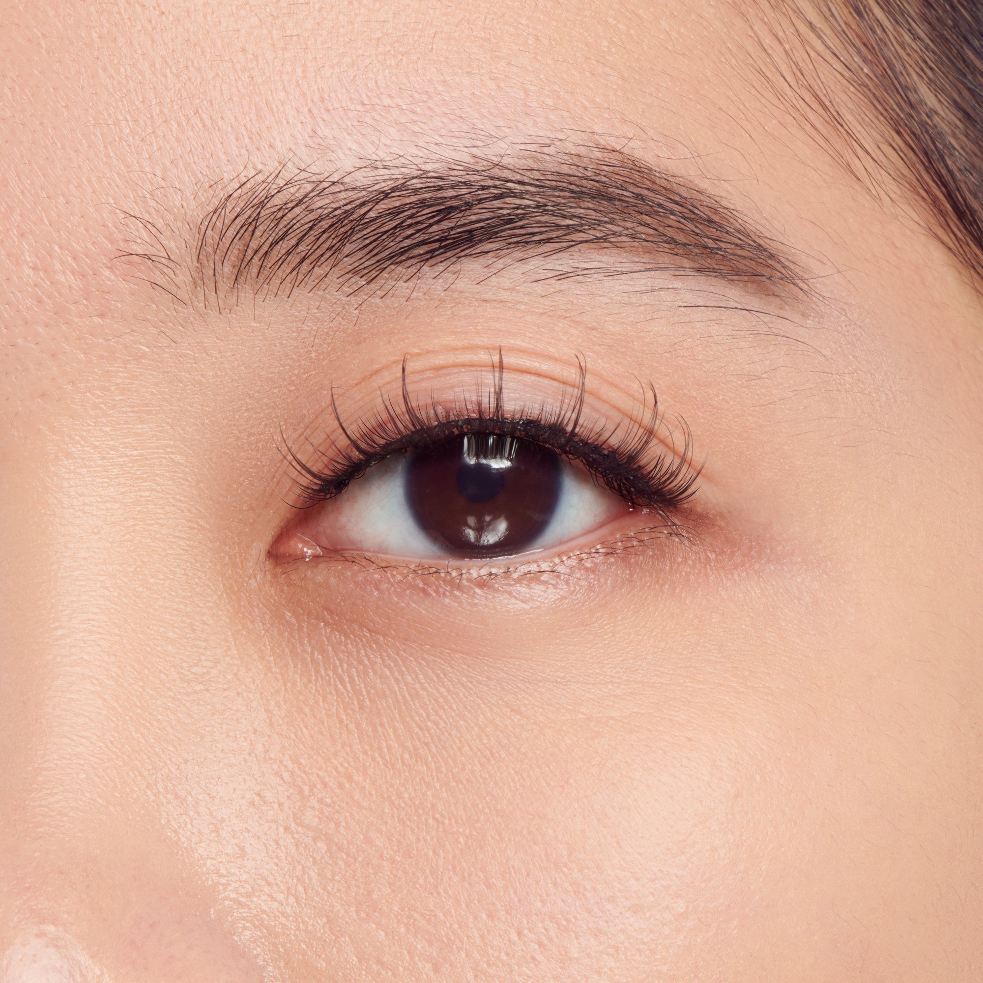 The image is a close-up of a human eye. The eye has a dark brown iris and is framed by well-defined eyebrows and long eyelashes. The skin around the eye appears smooth and well-maintained. The lighting in the image highlights the natural texture of the skin and the details of the eye.