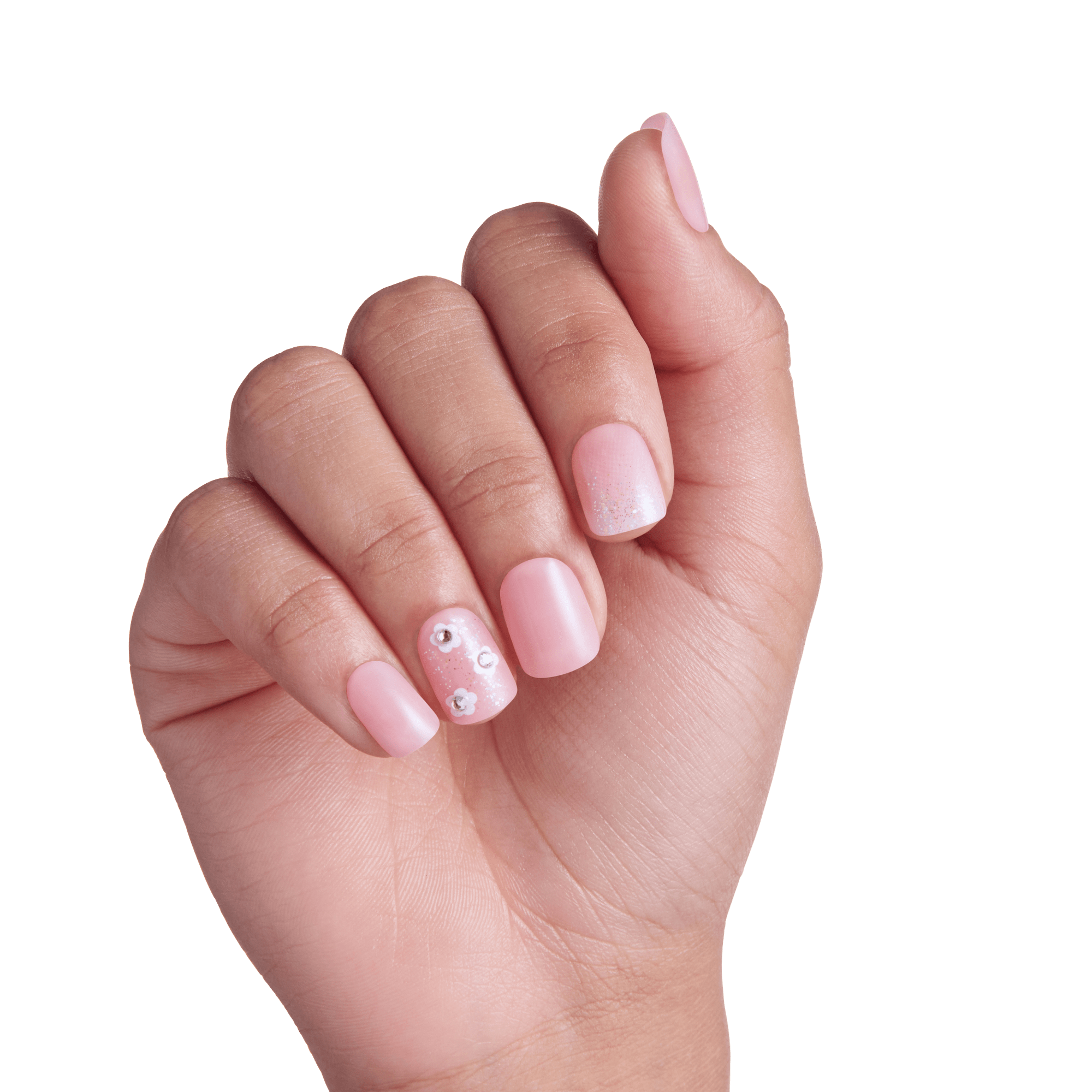 Manicured hand with pink nail polish and rhinestone accent on ring finger.