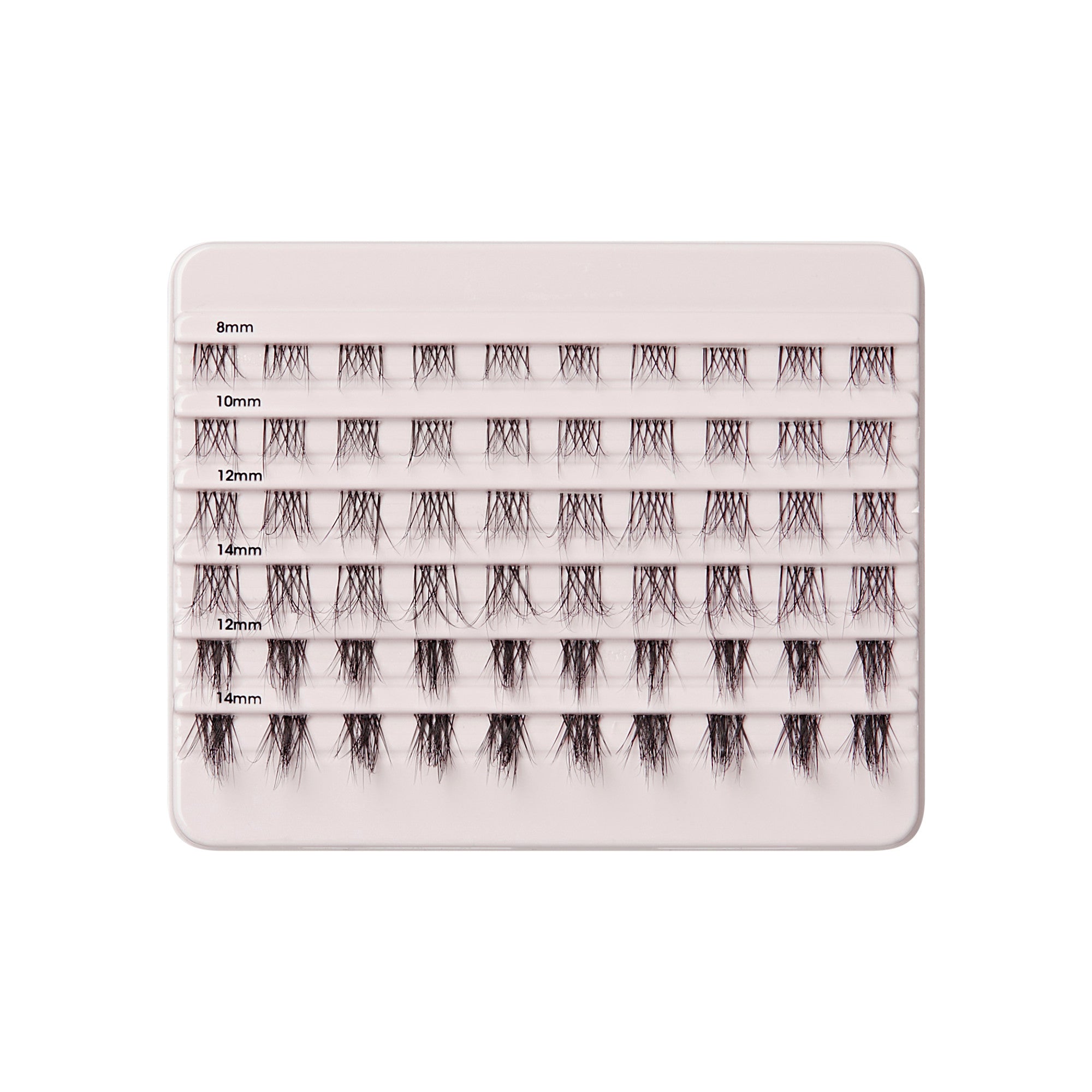 Eyelash extension palette with 10 pairs each of 8mm, 10mm, 12mm, and 14mm lashes.