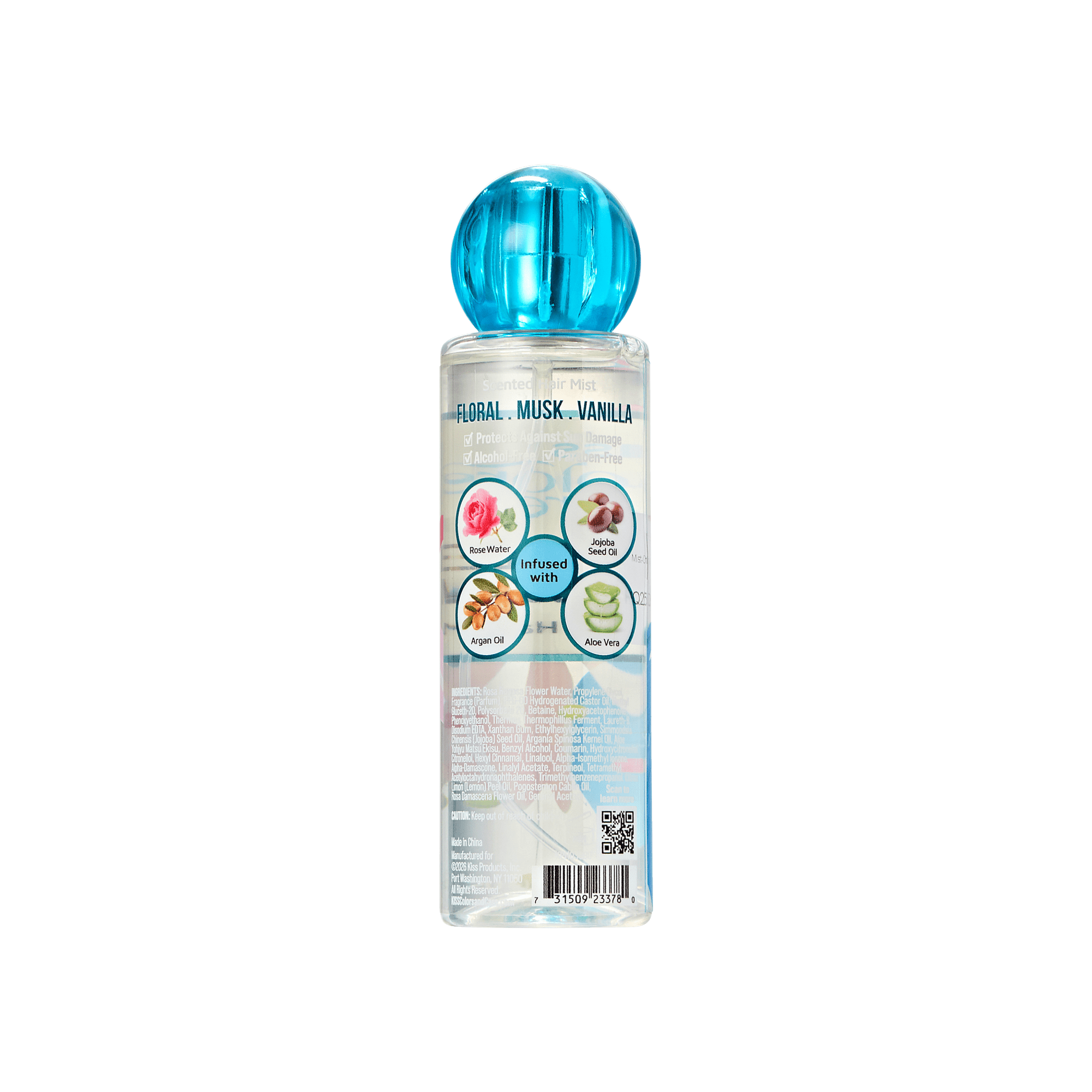 Clear spray bottle with a blue round cap labeled as hair mist, featuring floral, musk, and vanilla scent. Infused with rose water, jojoba seed oil, argan oil, and aloe vera.