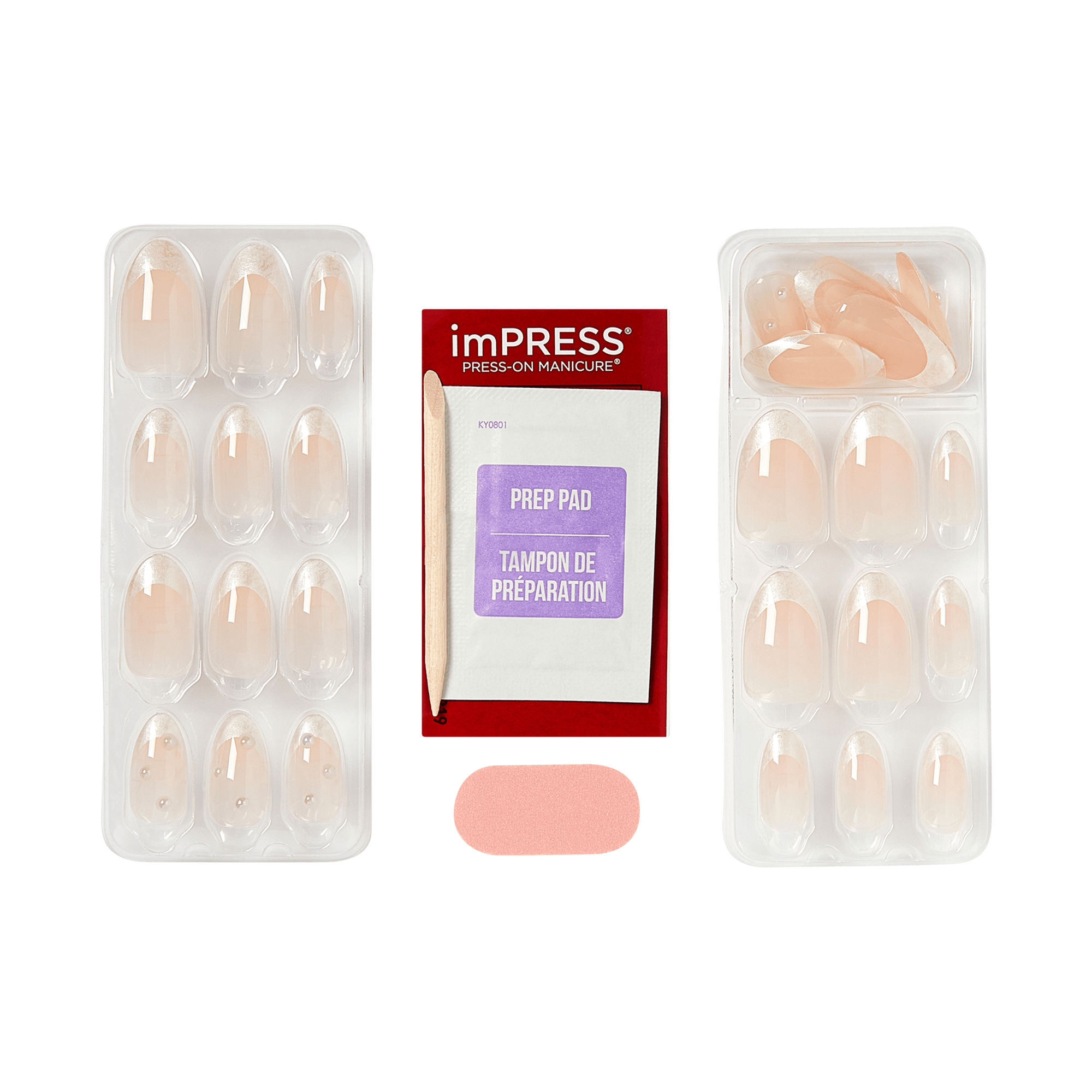 imPRESS Press-On Manicure kit with nude nails, prep pad, and applicator.