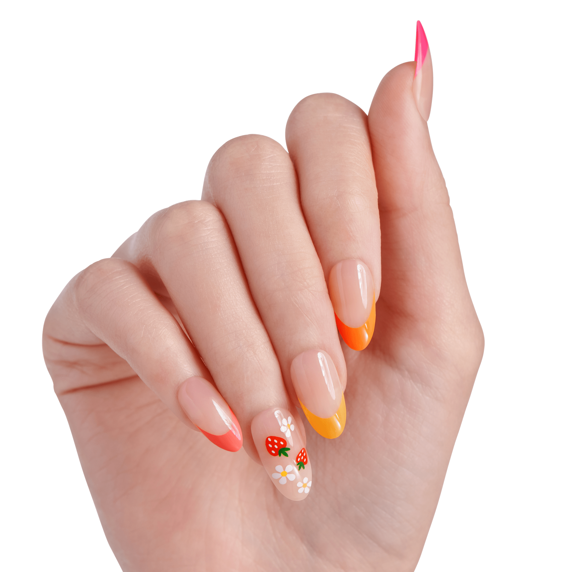 The image features a hand with elegantly manicured nails. The nails are shaped in a stylish way, showcasing a gradient design that transitions from a soft pink to vibrant orange at the tips. One nail stands out with a decorative design, featuring a white background adorned with colorful butterflies and flowers. The overall look is fresh and playful, perfect for a spring or summer aesthetic.