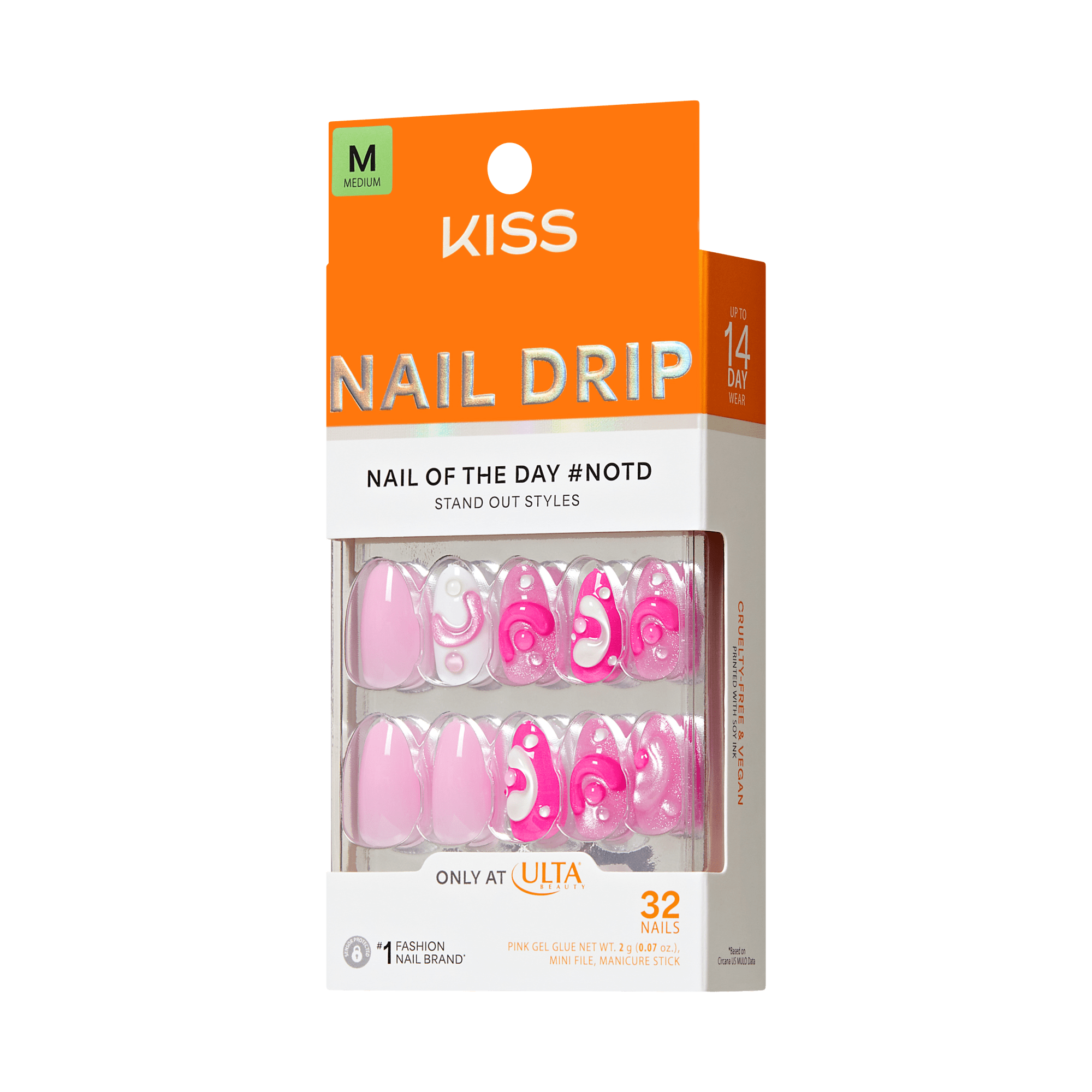 KISS Nail Drip Medium fake nails in pink with swirl designs, 32-pack set