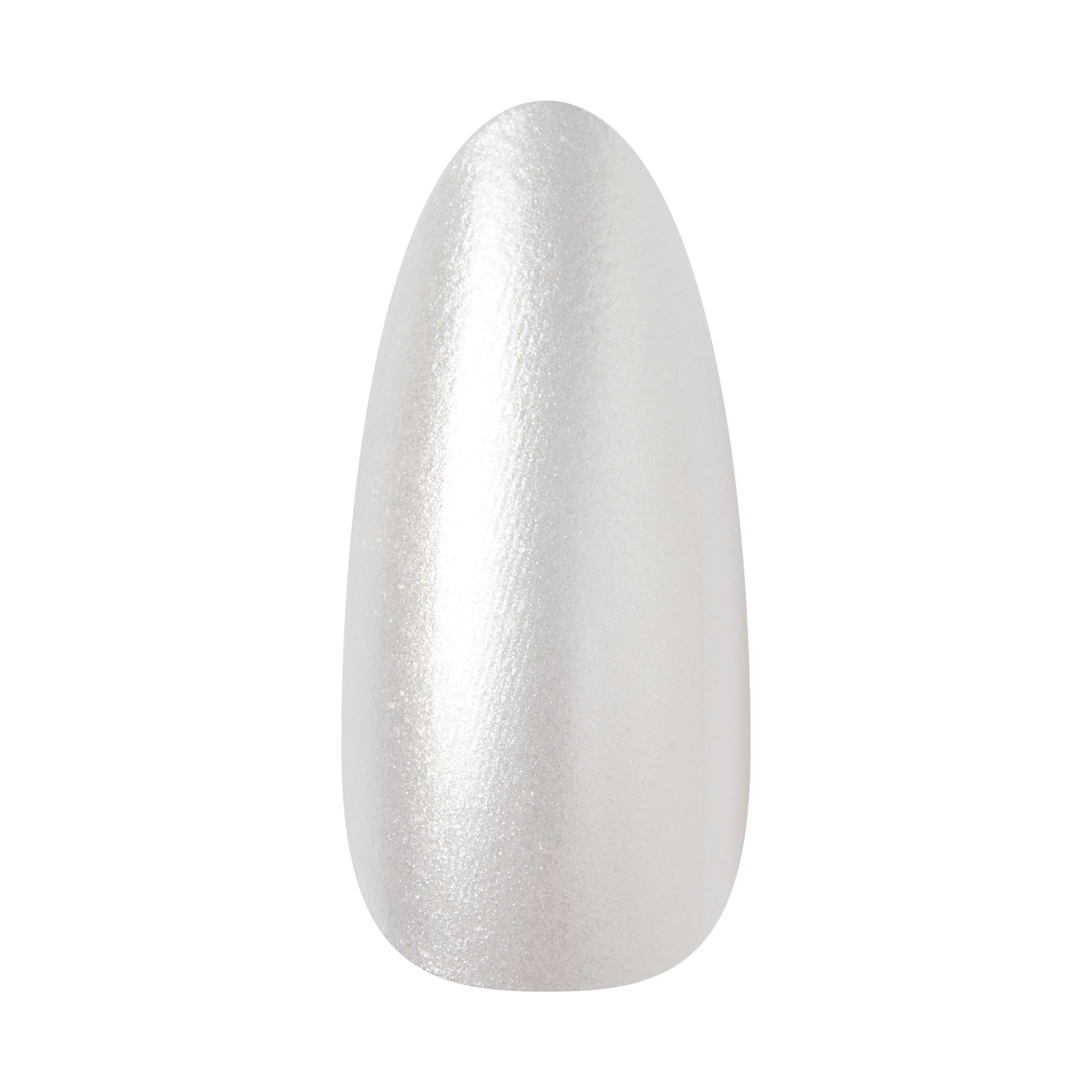 Pearl white shimmer almond-shaped nail polish swatch