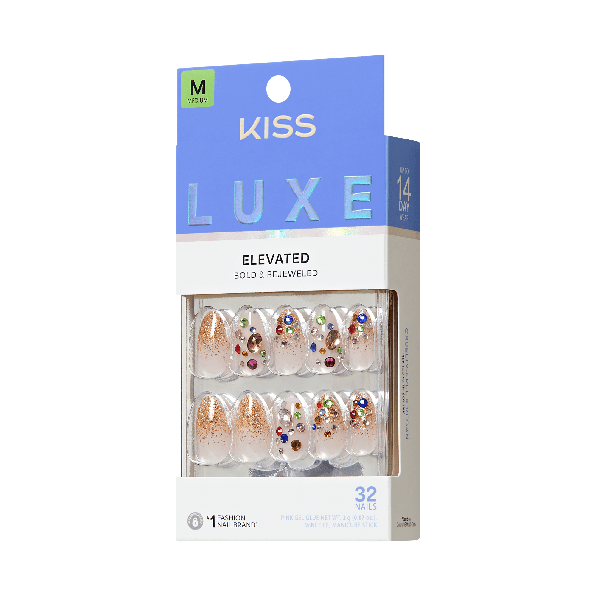 KISS LUXE Elevated Bold & Bejeweled Press-On Nails, Medium, 32 Count
