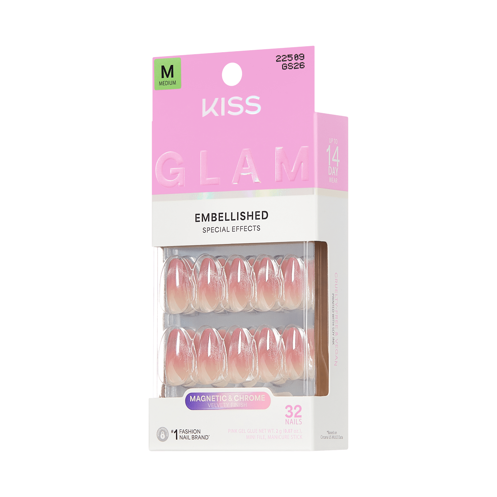 KISS Glam Embellished Medium False Nails, Pink Ombre, 32 Count