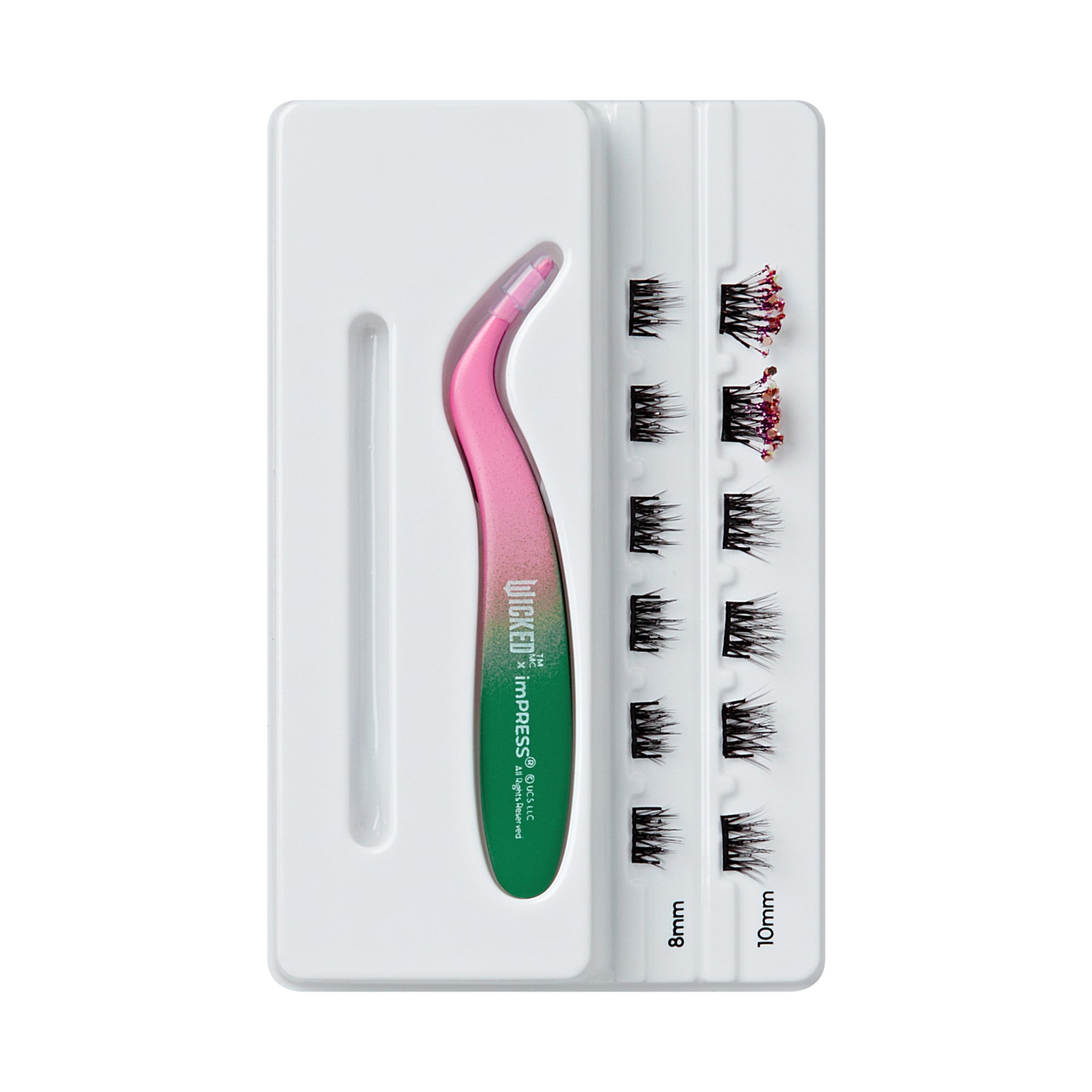 Lash applicator kit with pink-green curved tweezer and false eyelashes in 8mm and 10mm sizes