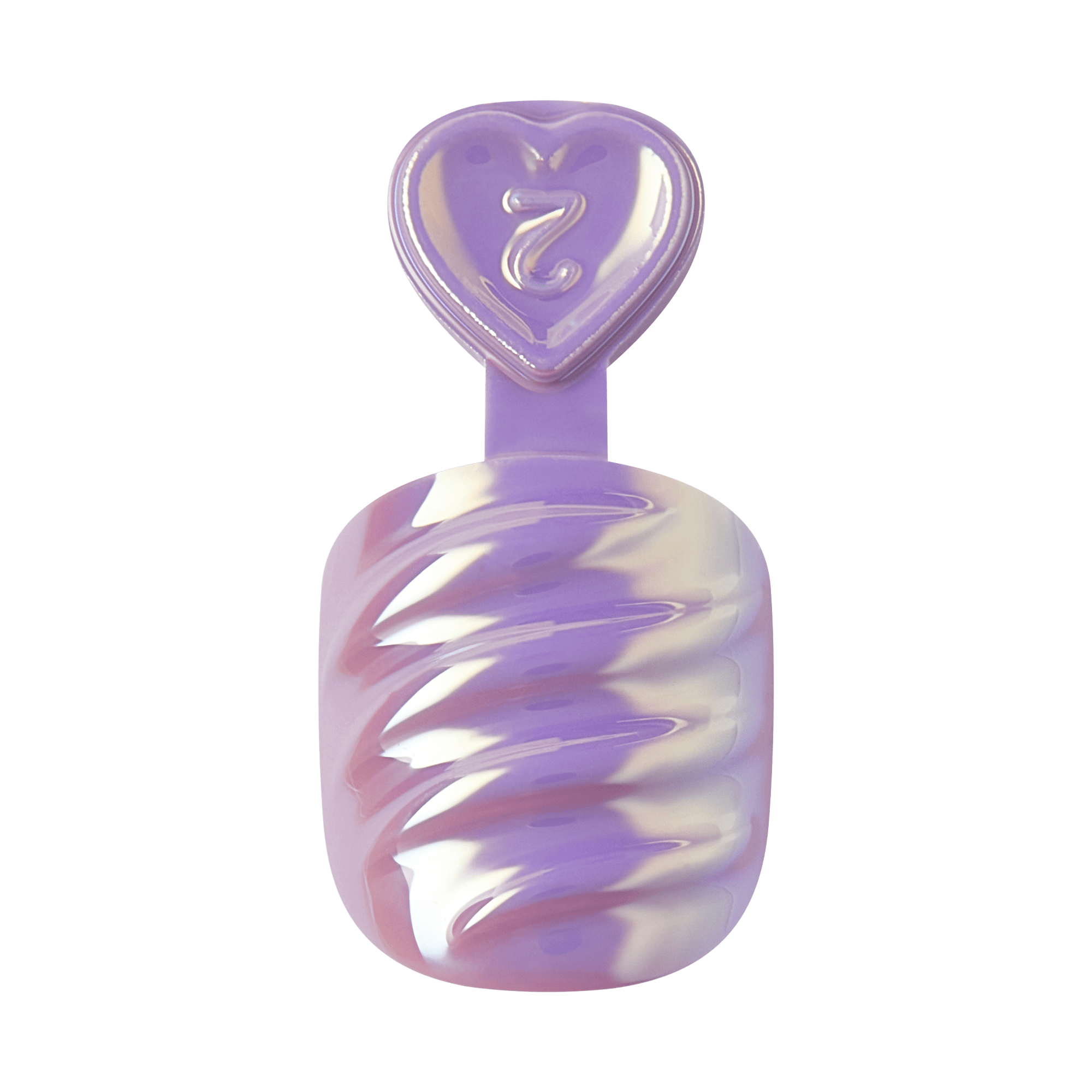 The image features a nail polish bottle with a unique design. The bottle is shaped with a twisted, spiral pattern and is predominantly a soft lavender color. The cap is heart-shaped and has a glossy finish, also in a light purple hue. The overall aesthetic is playful and trendy, appealing to a youthful audience.