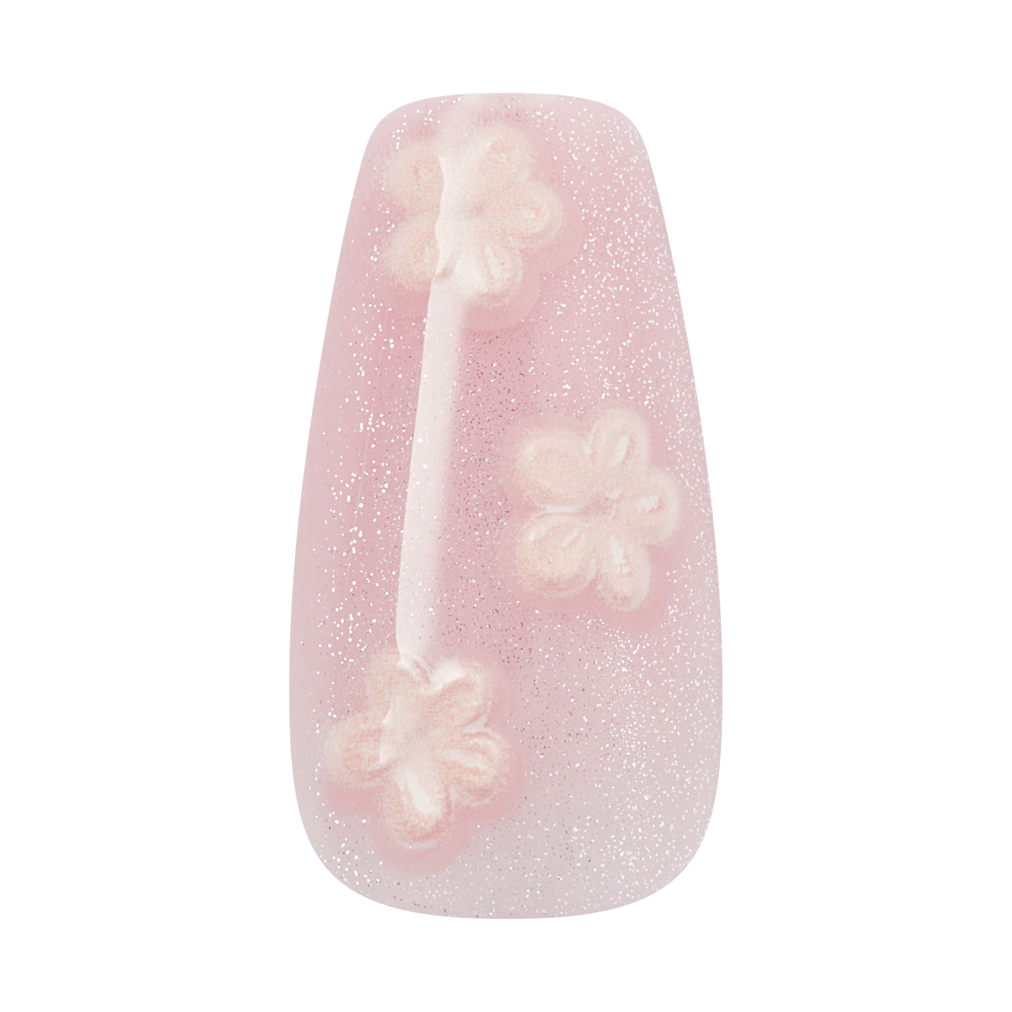 Pink glitter press-on nail with white floral design