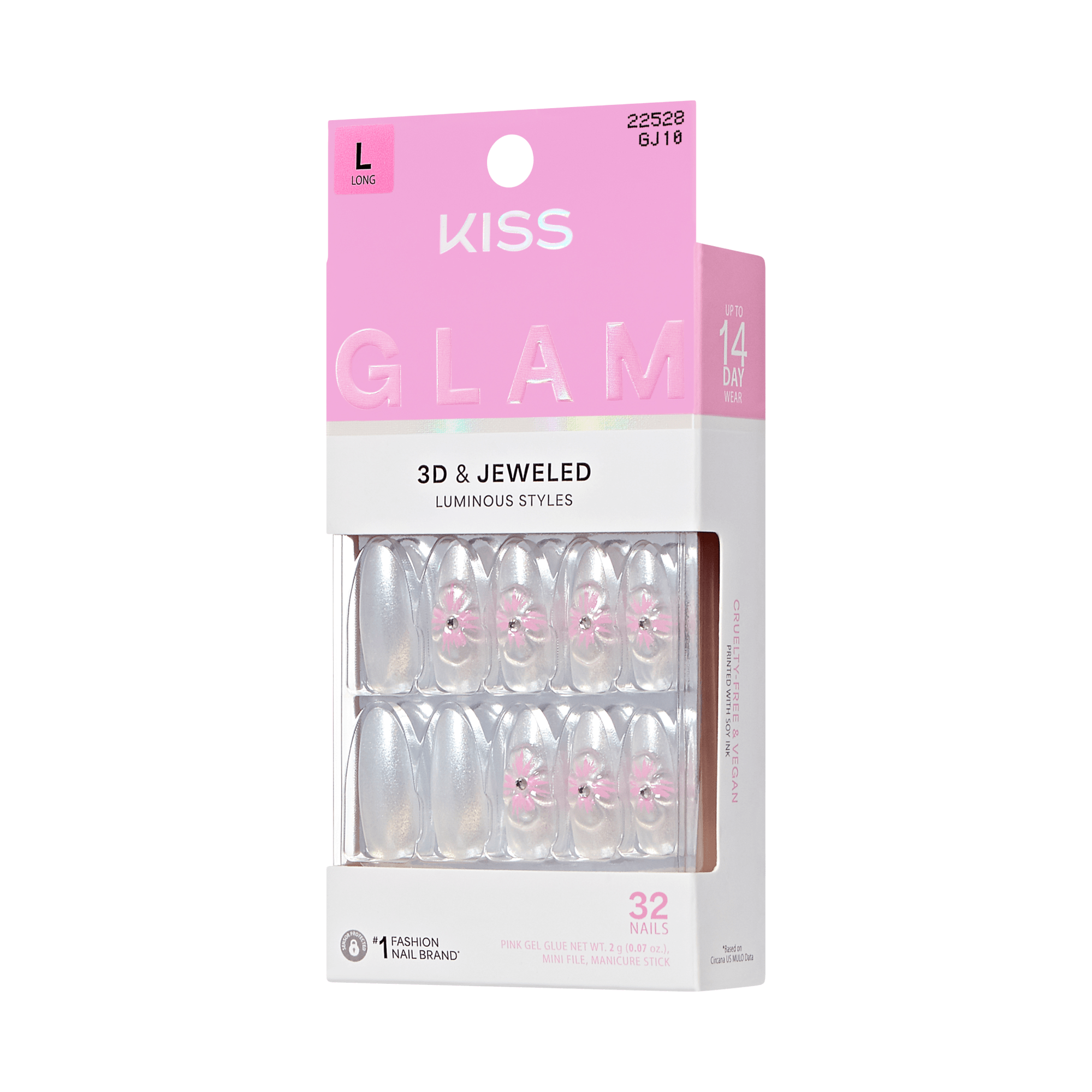 KISS Glam 3D & Jeweled fake nails in long length with pink floral design, 32 nails.