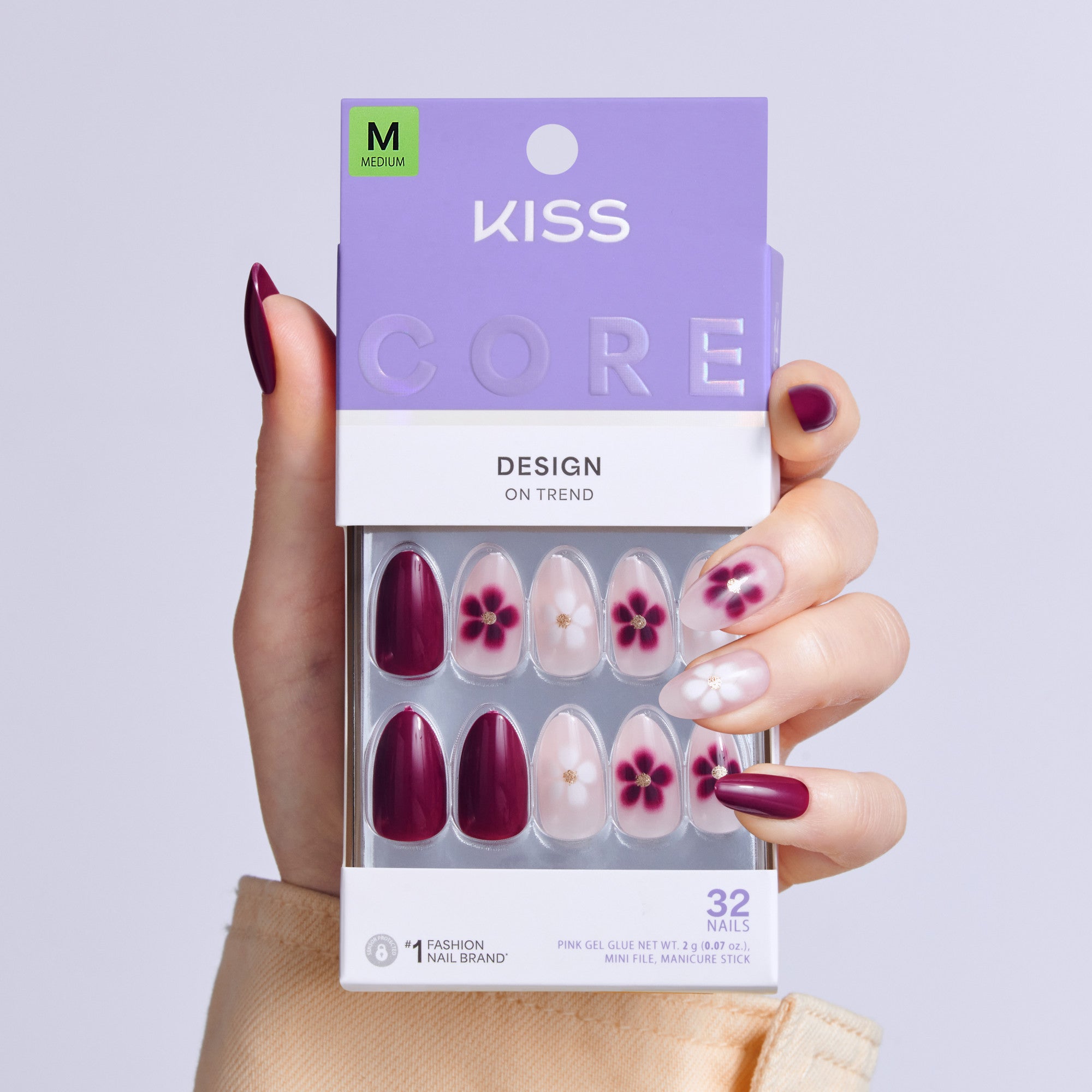 Kiss Core Design Press On Fake Glue Nails - Salted Caramel Crush | Design, Red, Medium, Almond