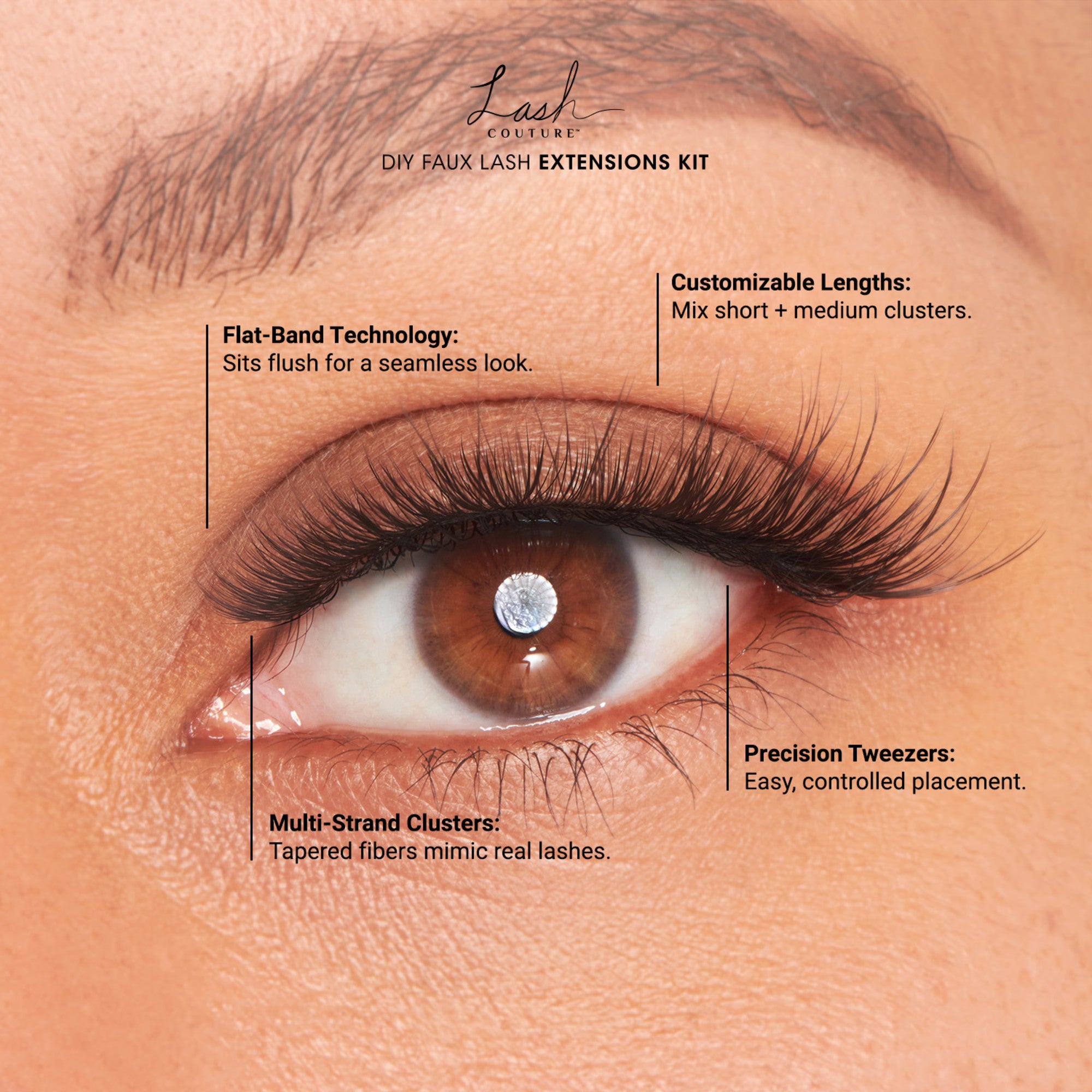 Close-up of a brown eye with long, voluminous faux lash extensions highlighting flat-band technology for a seamless look, customizable lengths, multi-strand clusters, and precision tweezers for easy application.