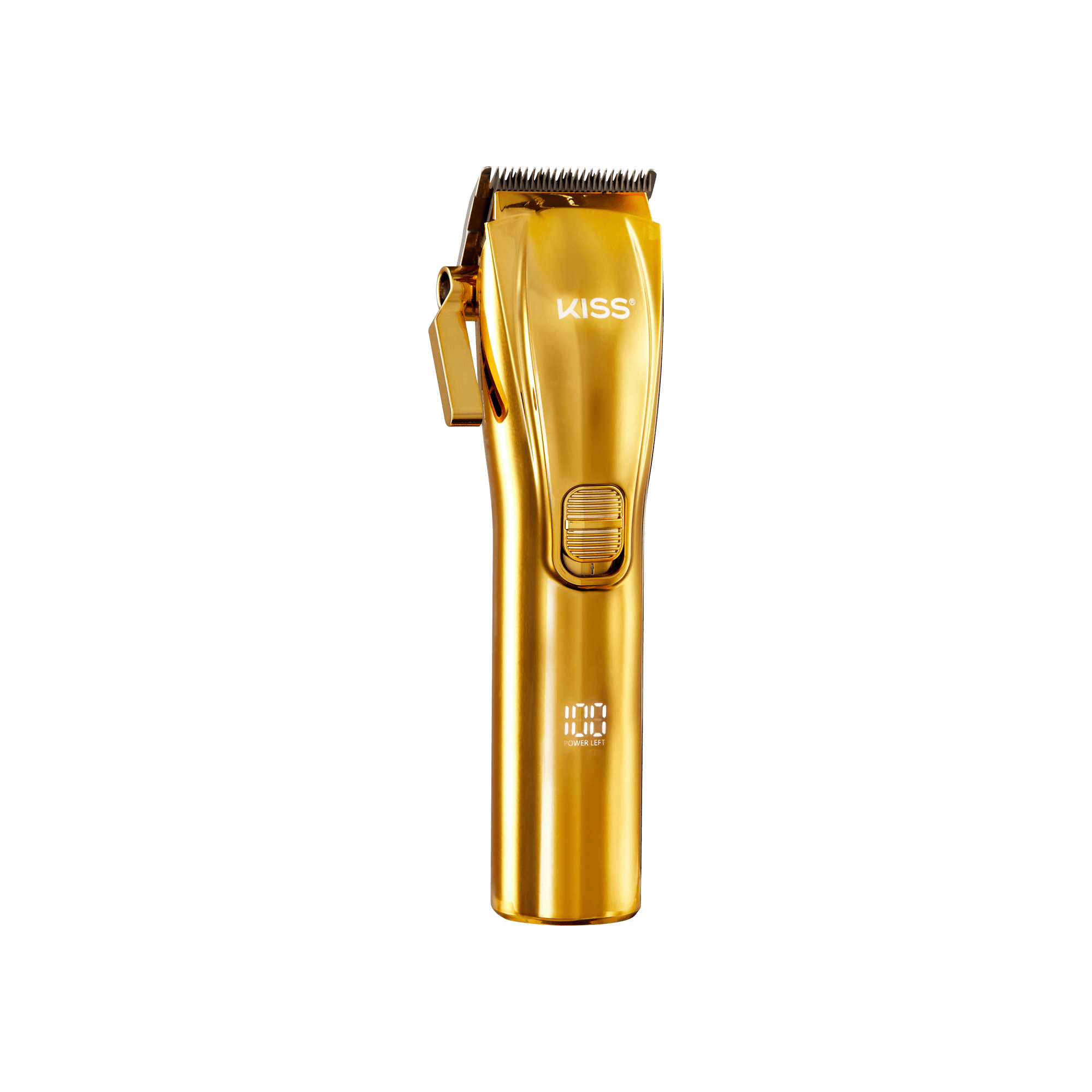 The image shows a gold-colored electric hair clipper. The clipper has a sleek, metallic finish with a slightly curved design for ergonomic handling. The brand name "KISS" is printed near the top of the clipper. Below the brand name, there is a power switch for turning the device on and off. The clipper head features metal blades designed for cutting hair. The overall design is modern and stylish, with a luxurious gold appearance.