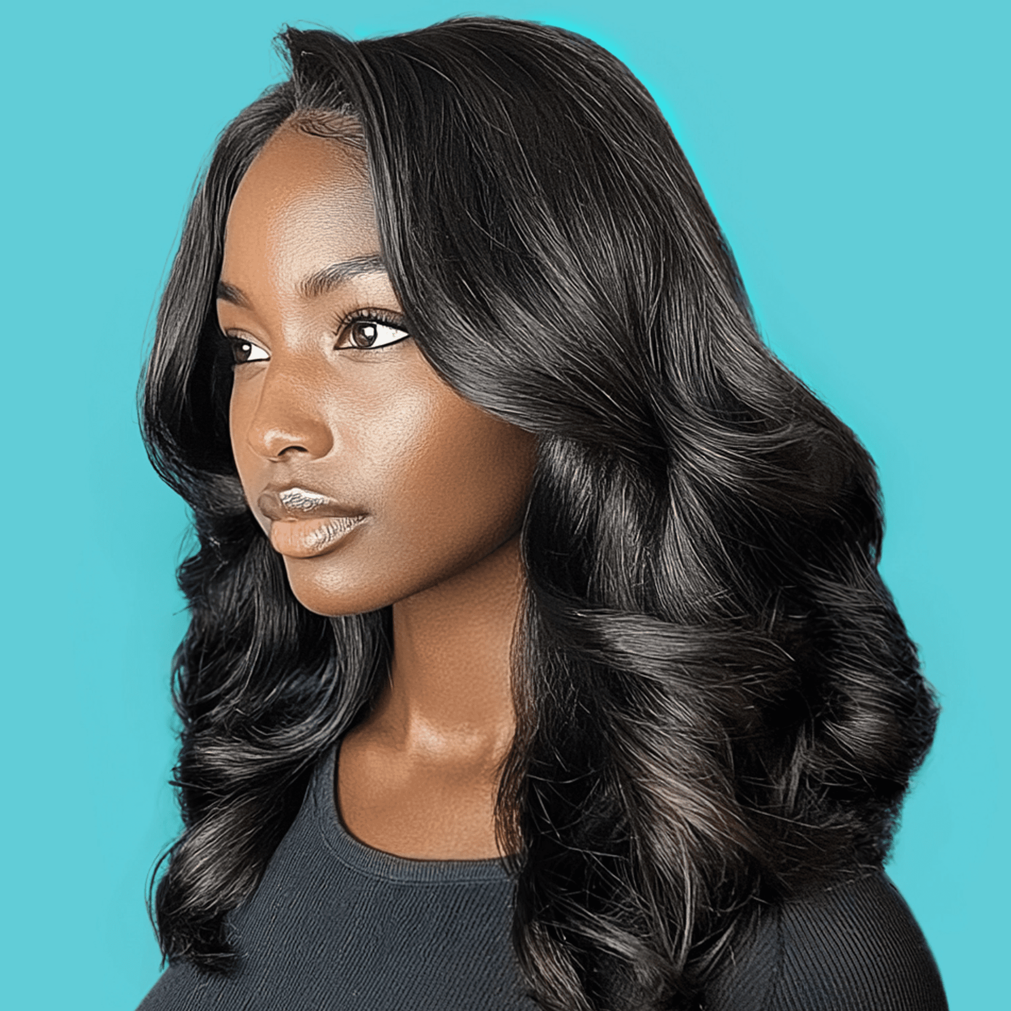 Woman with long, glossy, voluminous black hair styled in soft waves, against a bright turquoise background, showcasing healthy hair shine.
