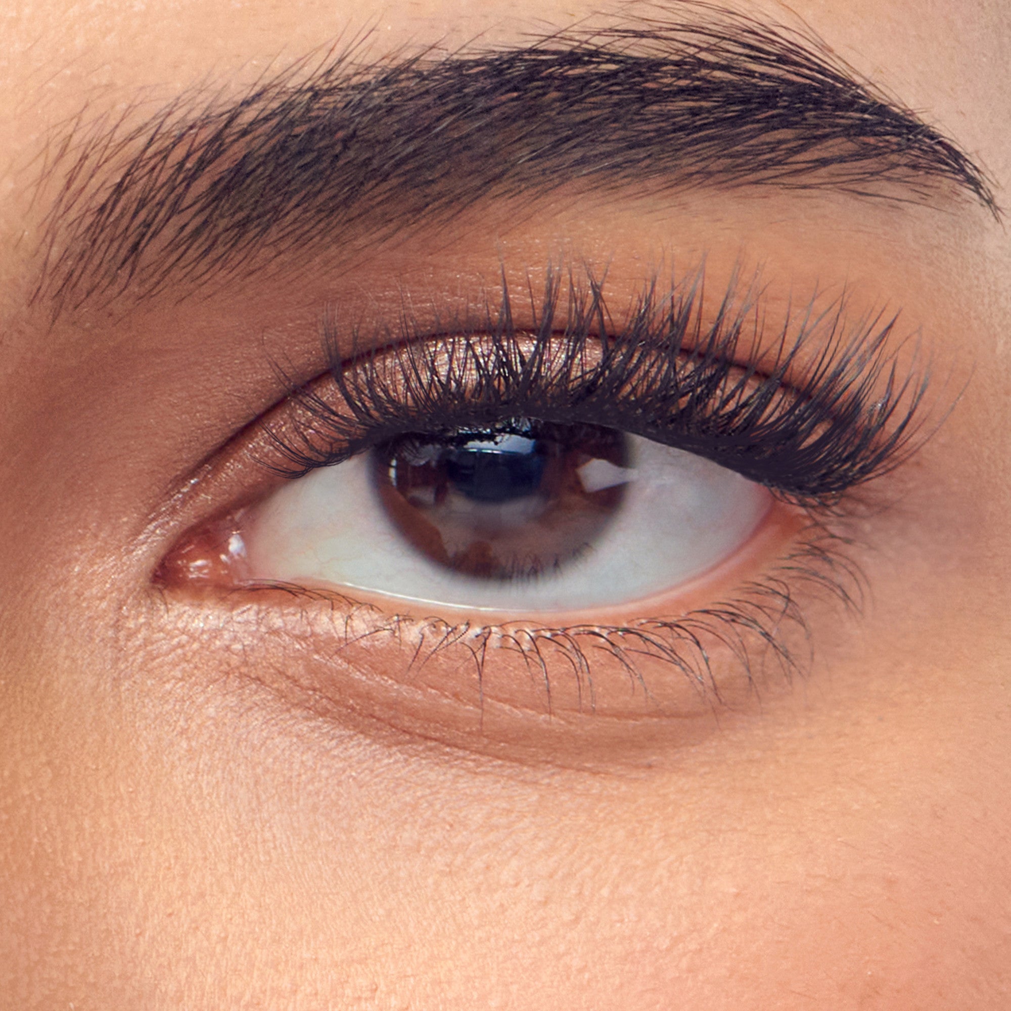 Close-up of open eye with dark eyebrows, long black lashes, and brown iris against peach-toned skin.