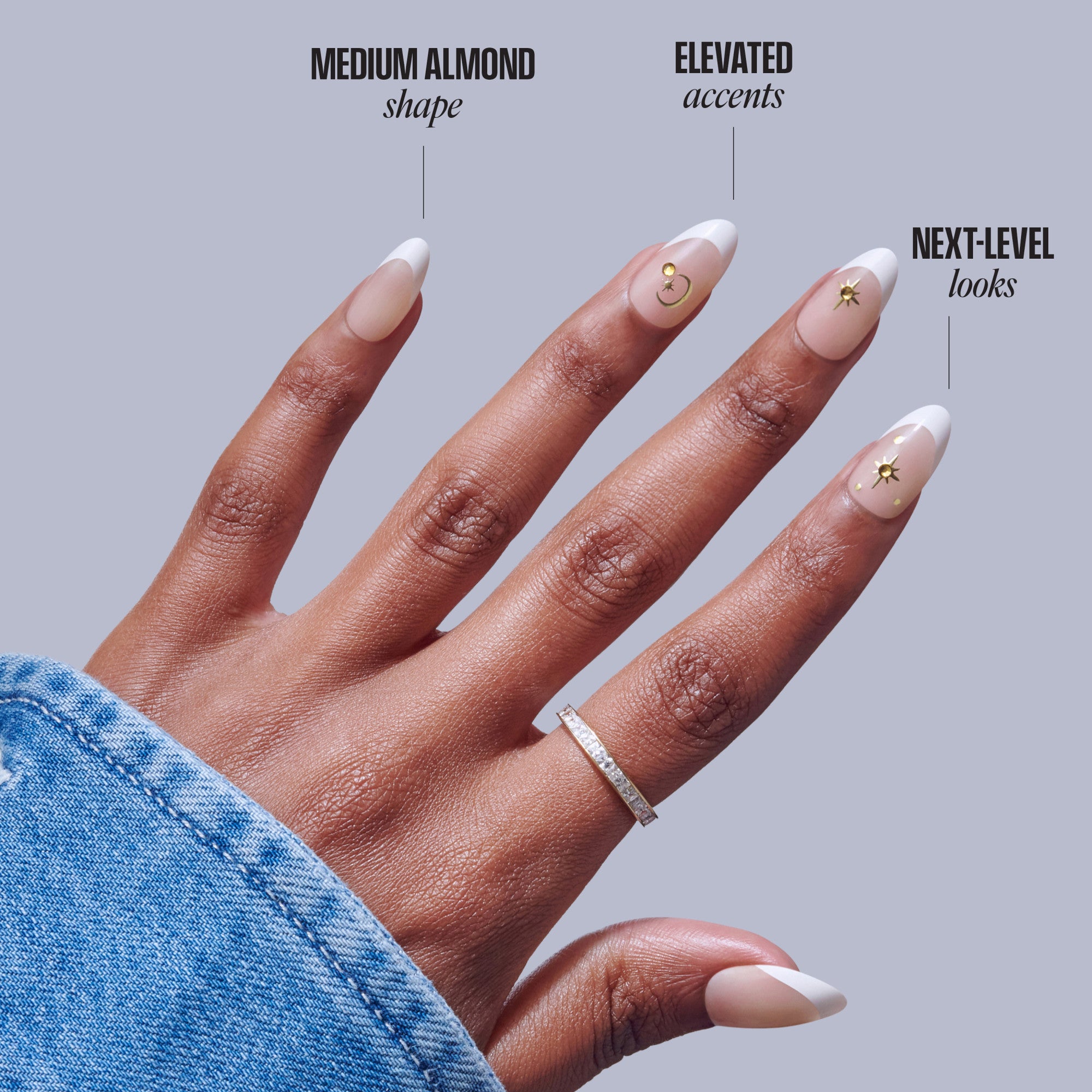 Hand displaying three nail designs: medium almond shape, elevated accents with gold charms, next-level looks.