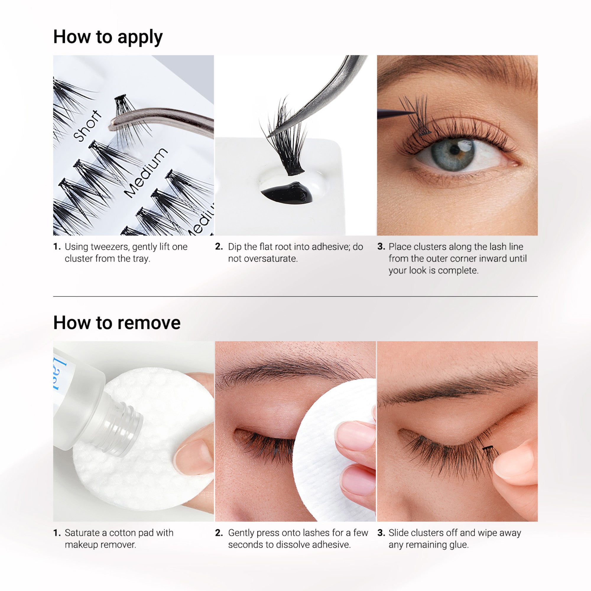 Step-by-step visuals showing how to apply and remove DIY faux lash extensions, including tweezing clusters, applying adhesive, placing lashes, and using makeup remover with a cotton pad.
