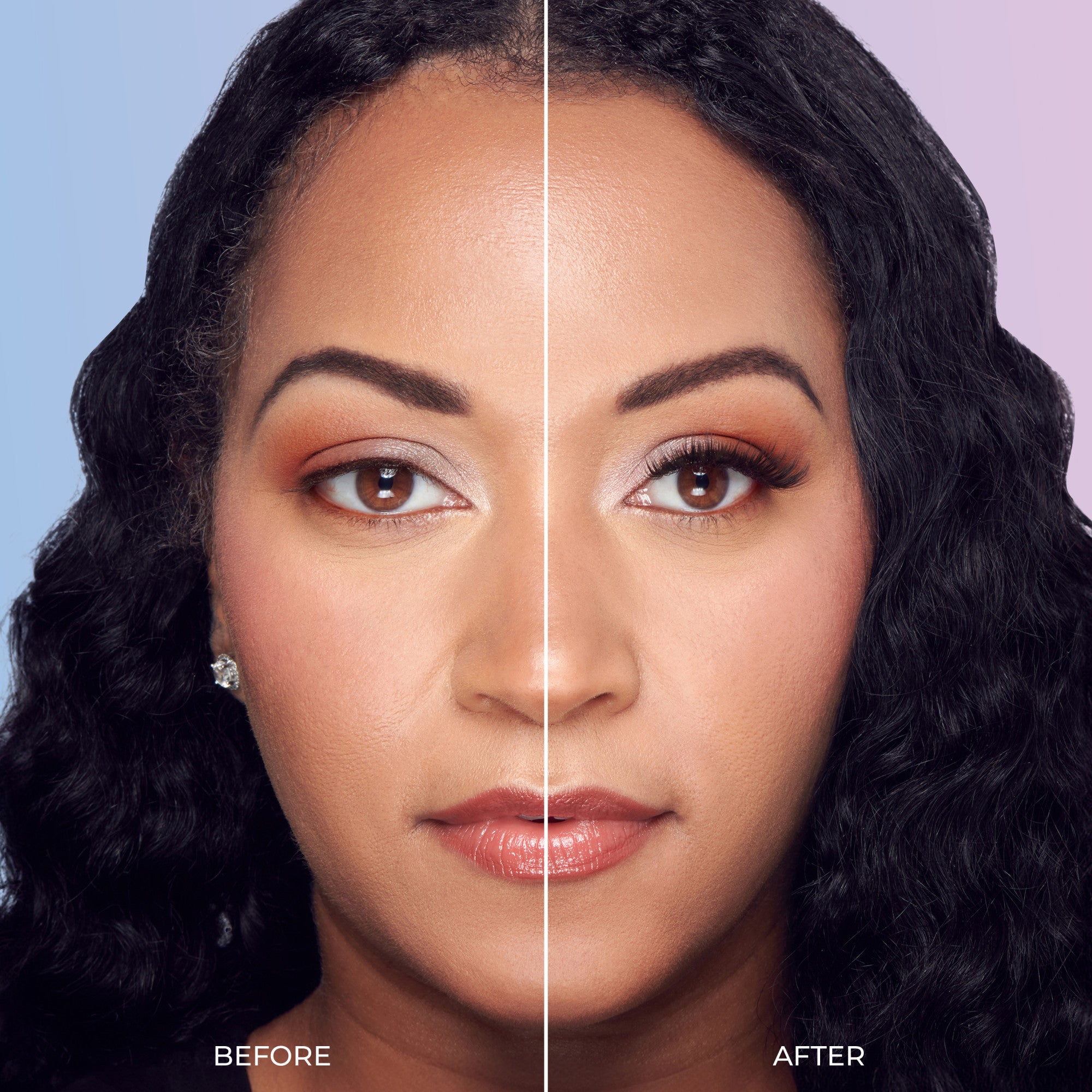 Before and after cosmetic treatment showing facial changes with enhanced eye makeup and skin appearance.