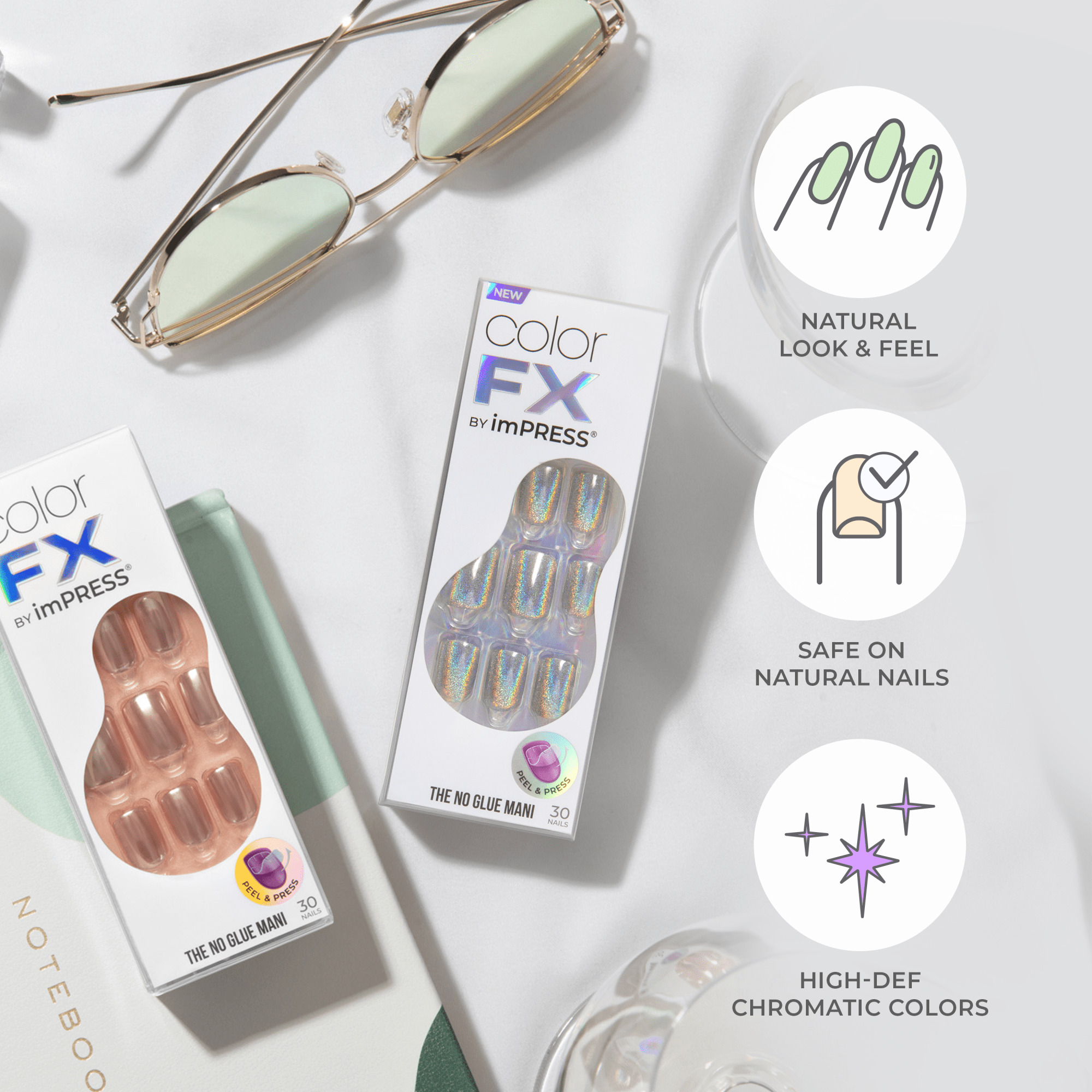 Two boxes of colorFX by imPRESS press-on nails on a white surface, showing holographic and nude nail designs, with icons highlighting natural look, nail safety, and vivid colors.