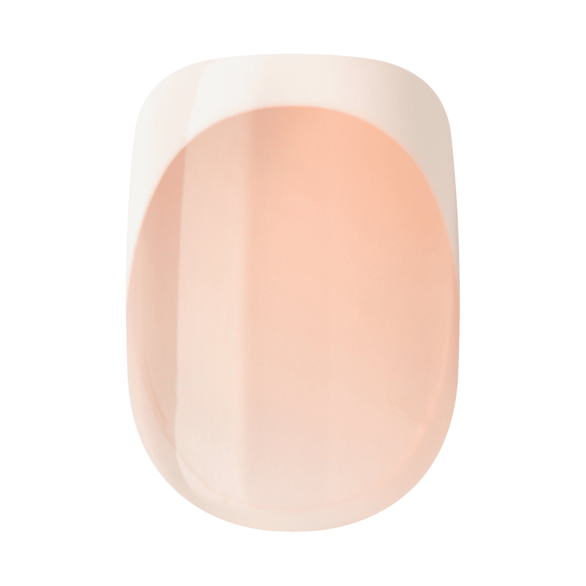 Shiny, oval-shaped press-on nail in a soft peach color with a smooth, glossy finish and subtle light reflection.
