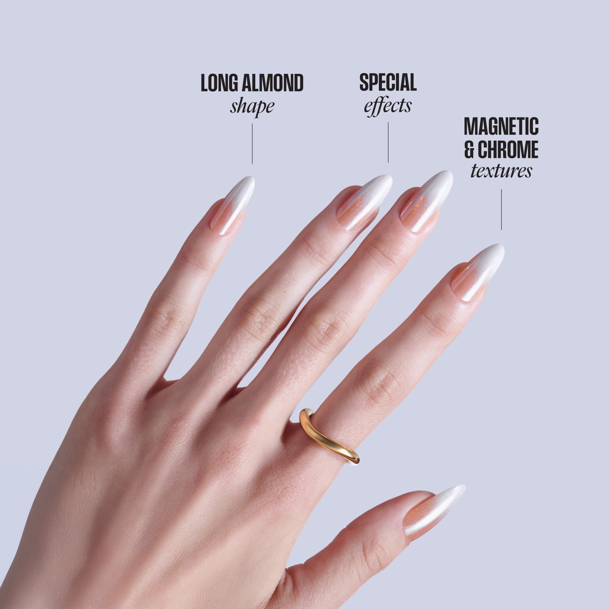 Long almond nails with chrome and magnetic textures in nude and white ombre design.