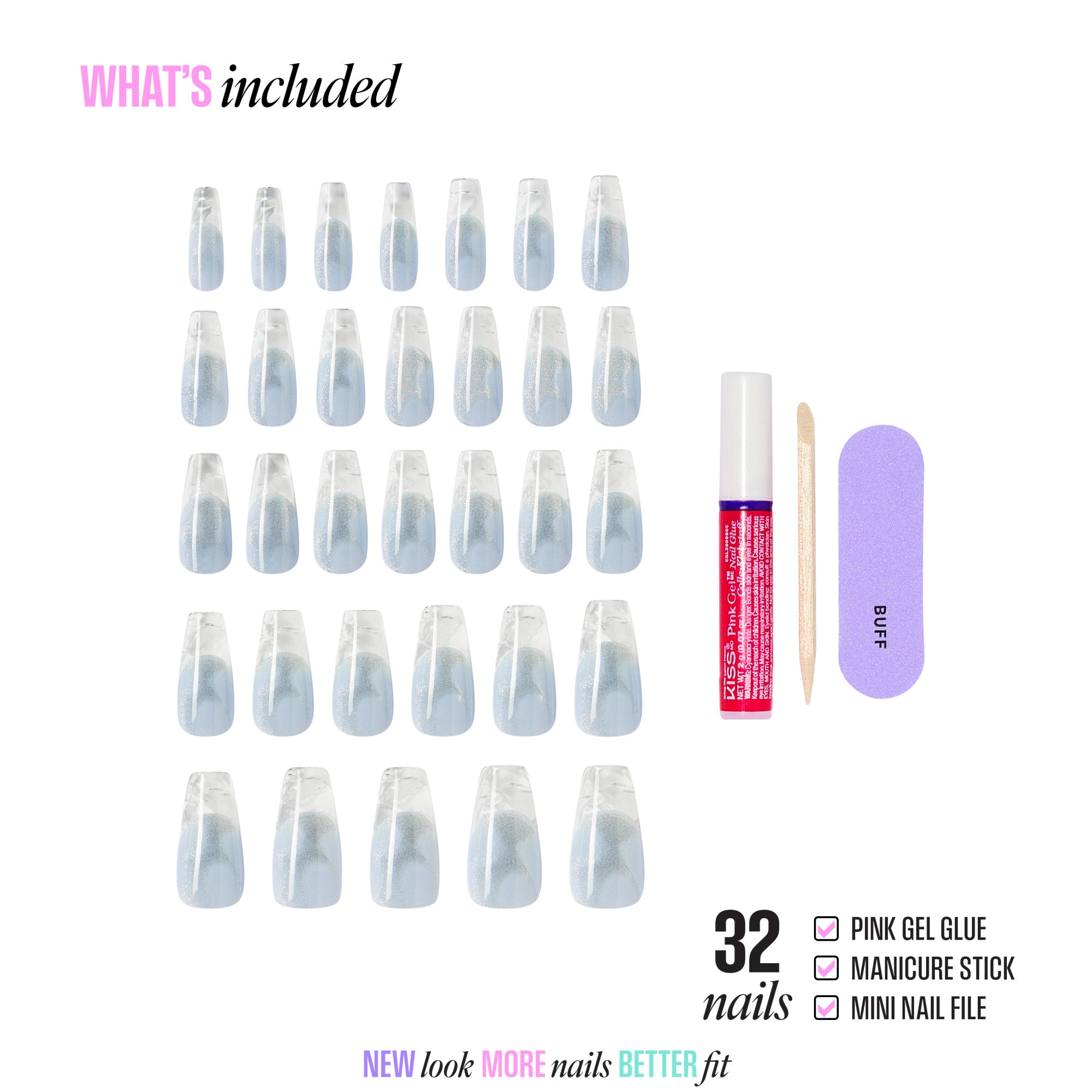 32 press-on nails with pink gel glue, manicure stick, and mini nail file included.