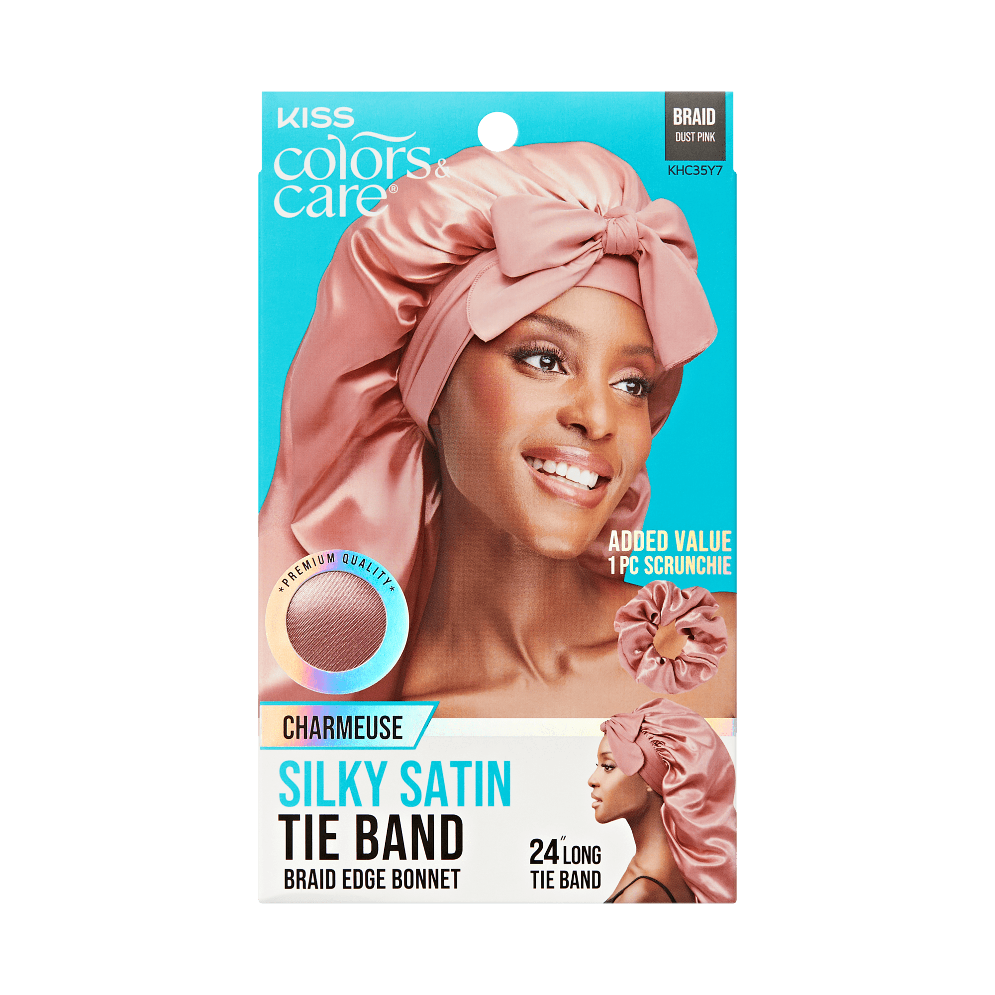 KISS Colors & Care Silky Satin Tie Band Braid, Dust Pink, with scrunchie