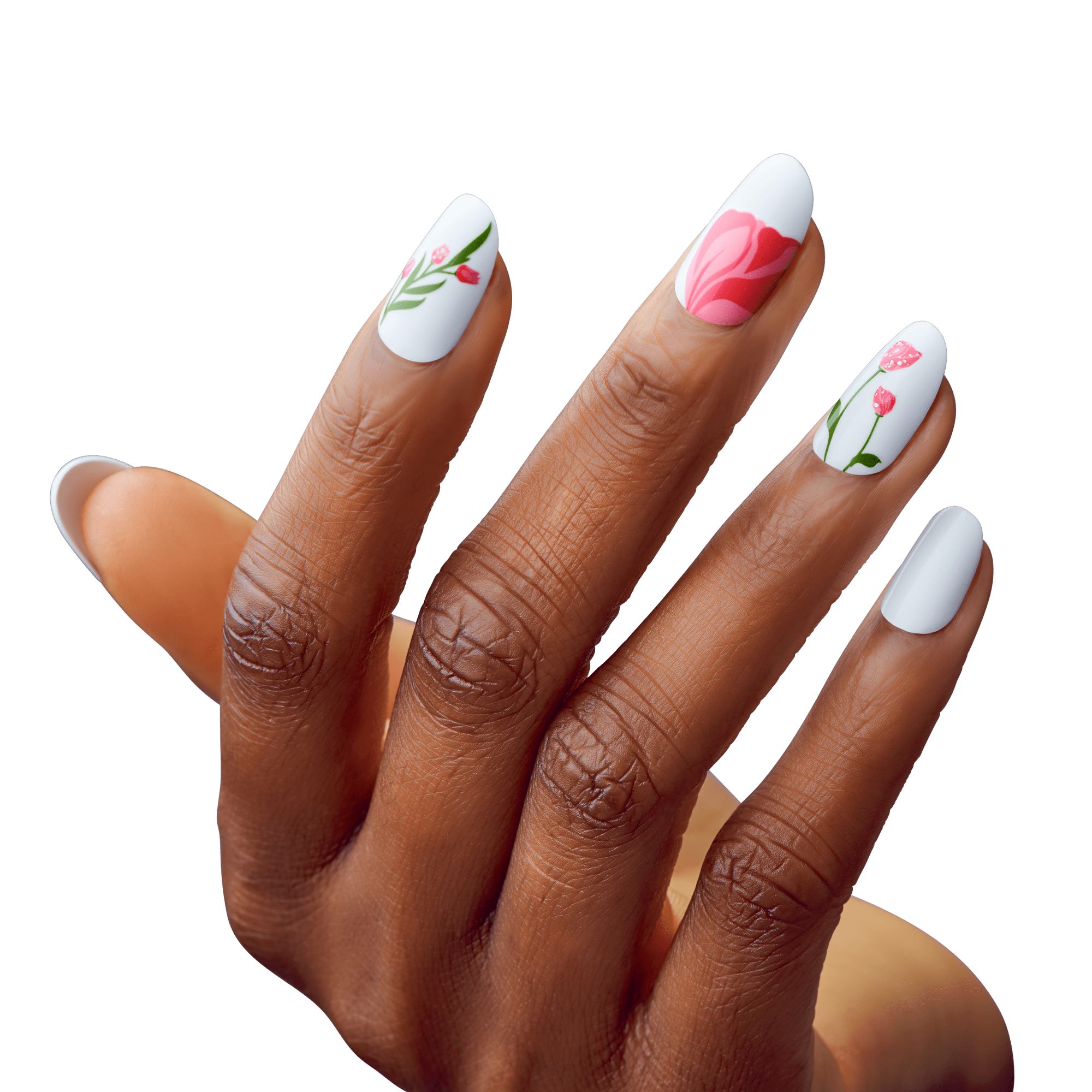 The image features a close-up of a hand with manicured nails. The nails are painted with a white base color and adorned with delicate floral designs. Each nail has a unique flower pattern, including pink flowers and green stems and leaves. The background is a gradient of dark to light blue, which contrasts with the hand and nails, making the nail art stand out prominently. The overall aesthetic is clean, elegant, and artistic.
