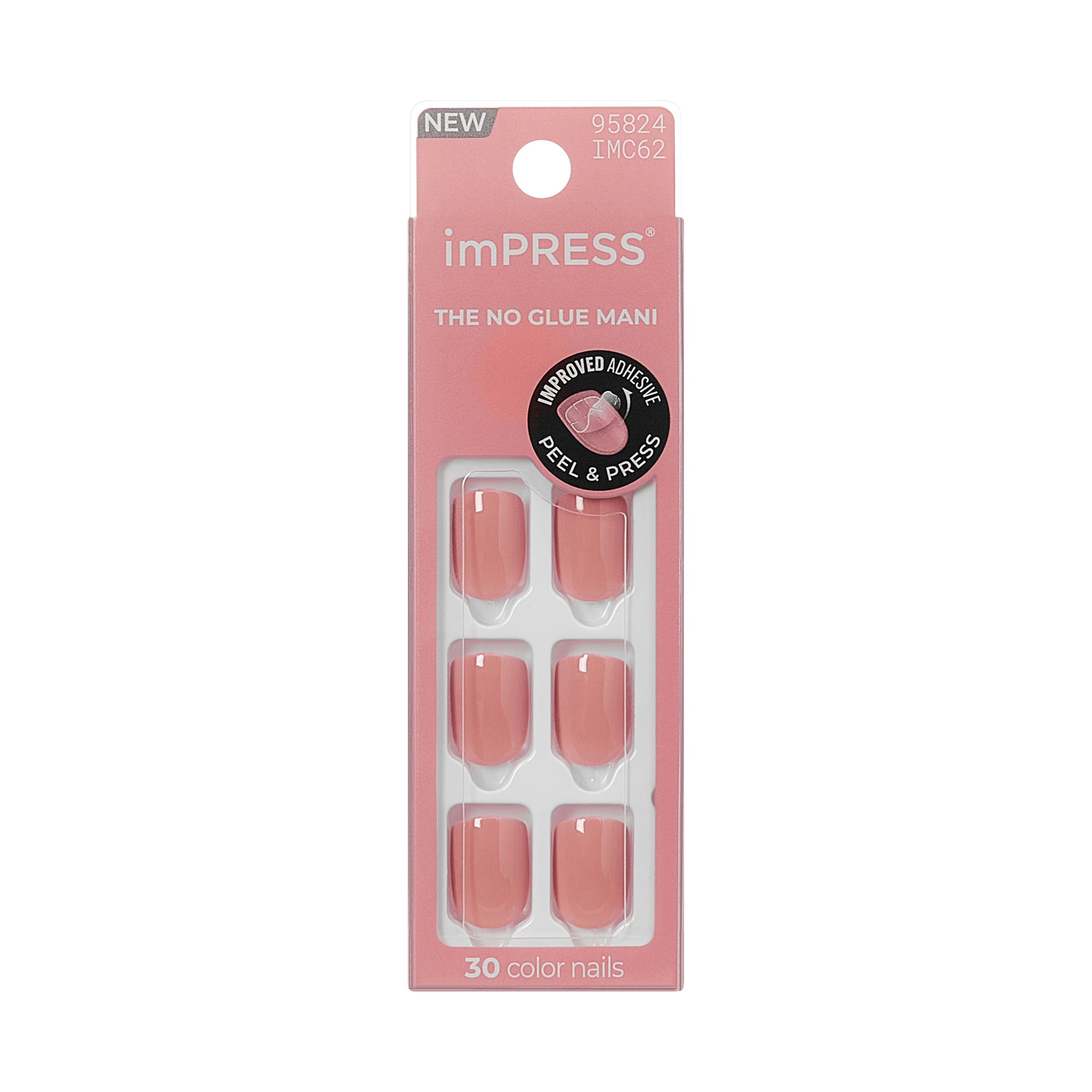 The image features a packaging for imPRESS press-on nails. The design is predominantly pink, showcasing a set of six false nails in a soft, peachy color. The packaging is labeled "NEW" and highlights the product as "THE NO GLUE MANI," emphasizing its easy application with a "PEEL & PRESS" method. Additionally, it mentions that the set includes 30 color nails, suggesting a variety of options available. The overall look is modern and appealing, aimed at consumers looking for convenient nail solutions.