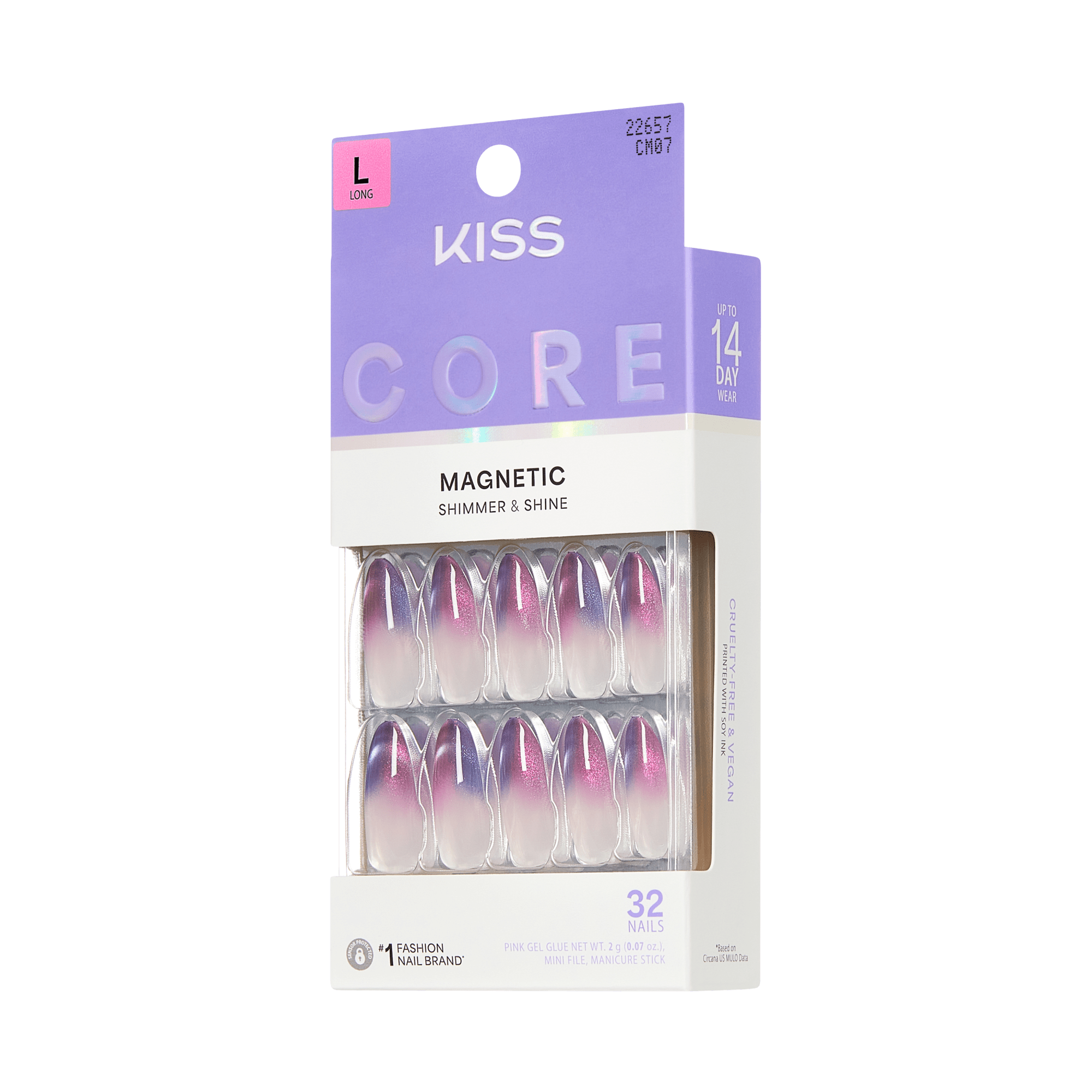 KISS CORE Magnetic Shimmer & Shine press-on nails, size L, 32 nails.