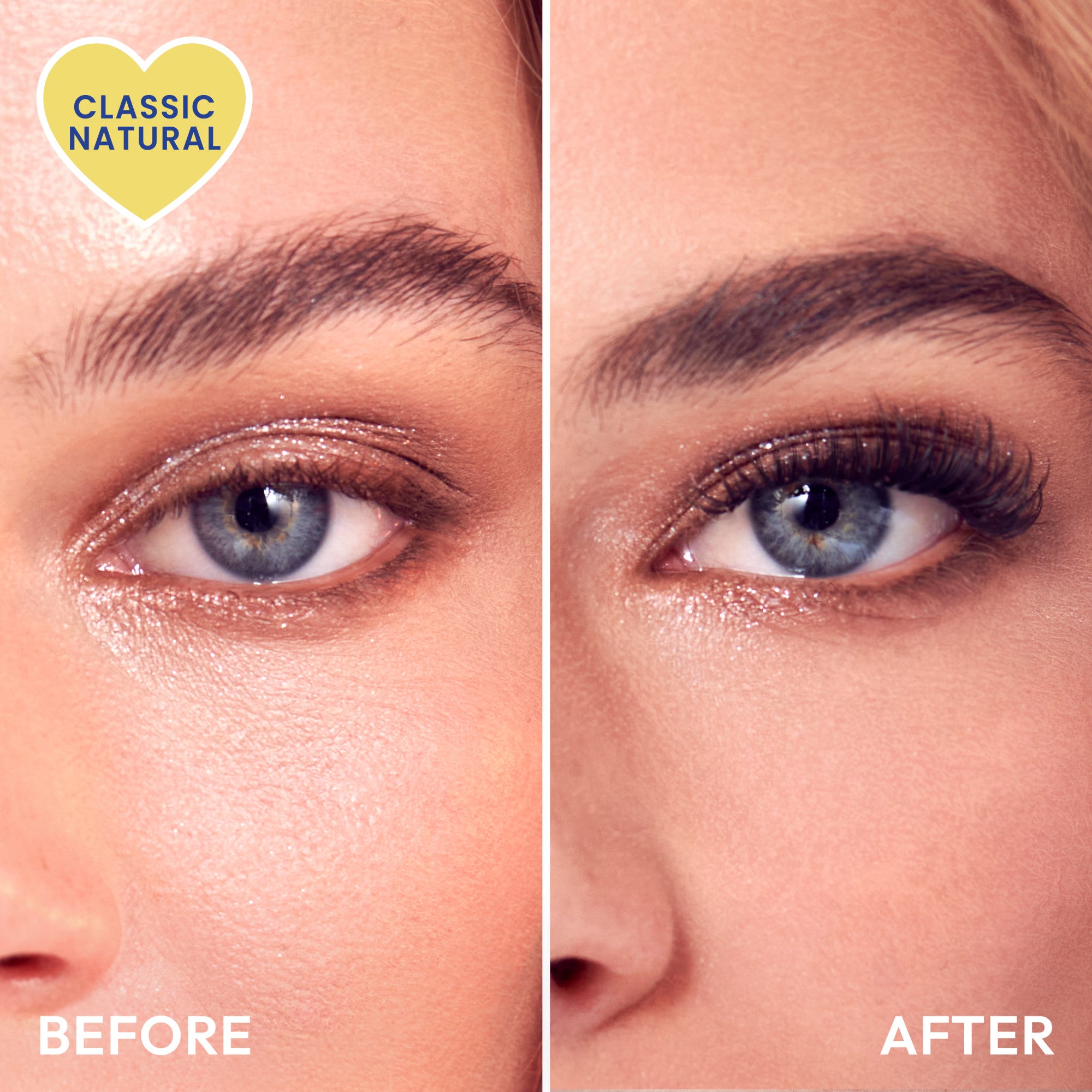 Before and after eye makeup comparison showing Classic Natural mascara application effect.