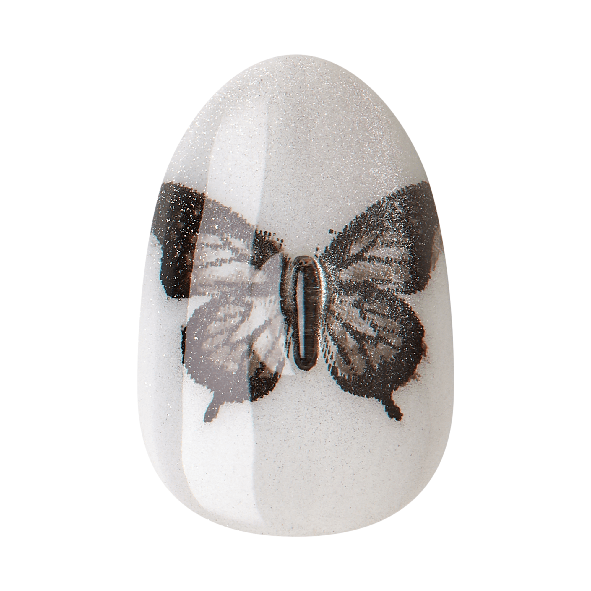The image shows a white, egg-shaped object with a glossy finish. On the surface of the object, there is a detailed, realistic depiction of a butterfly with its wings spread open. The butterfly&