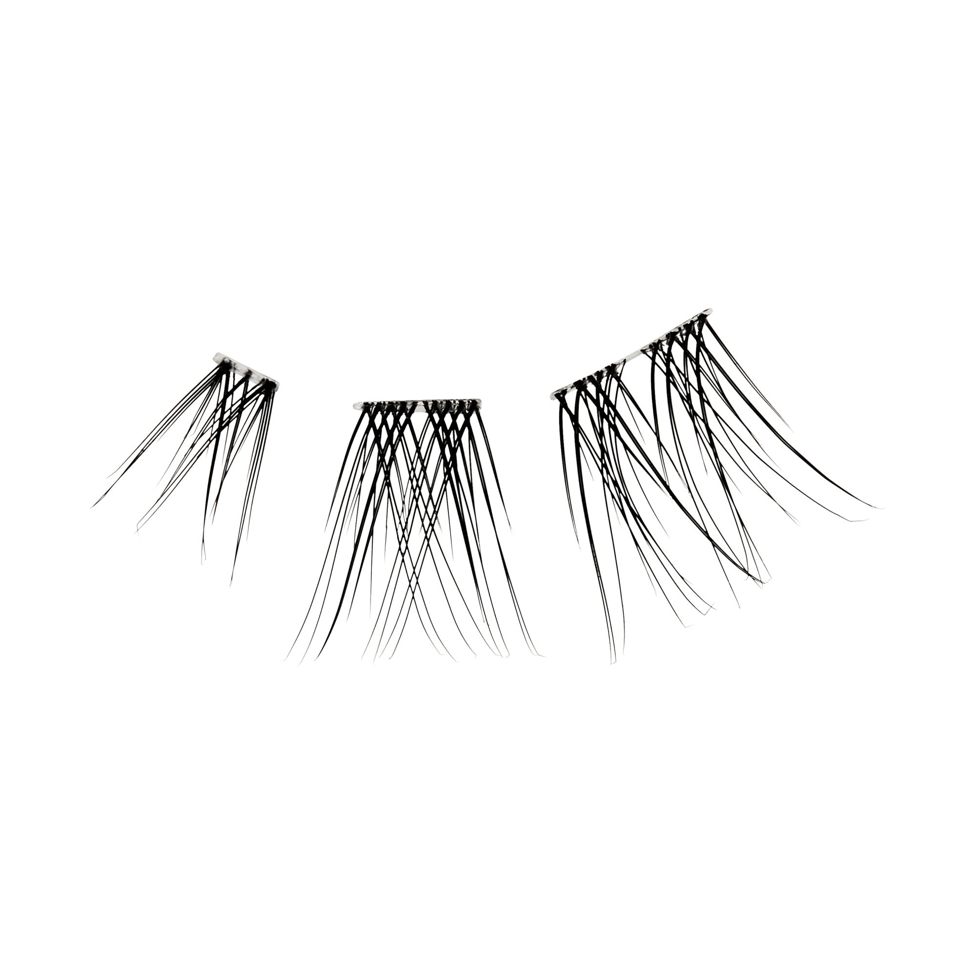 The image features a set of false eyelashes arranged in three groups. Each group varies in size and style, showcasing a range of lengths and thicknesses. The lashes are predominantly black, with a delicate, feathery appearance that suggests they are designed to enhance the eyes. The overall presentation is clean and minimalistic, emphasizing the elegance and versatility of the lashes.