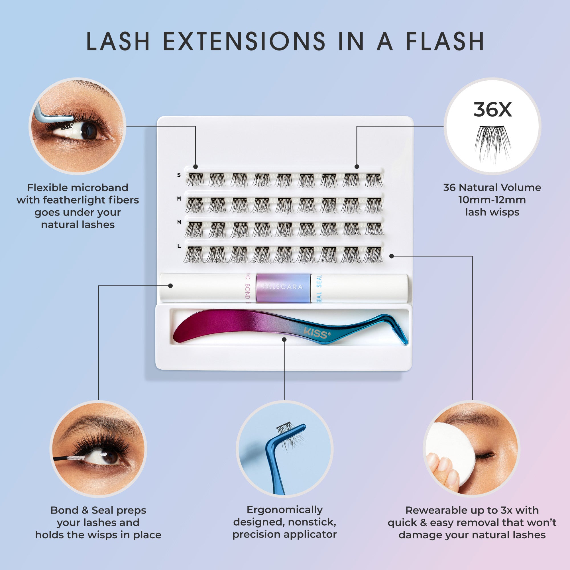 White FALSCARA starter kit with 36 natural volume lash wisps (10-12mm), adhesive tube, and multicolored precision applicator on a blue background.