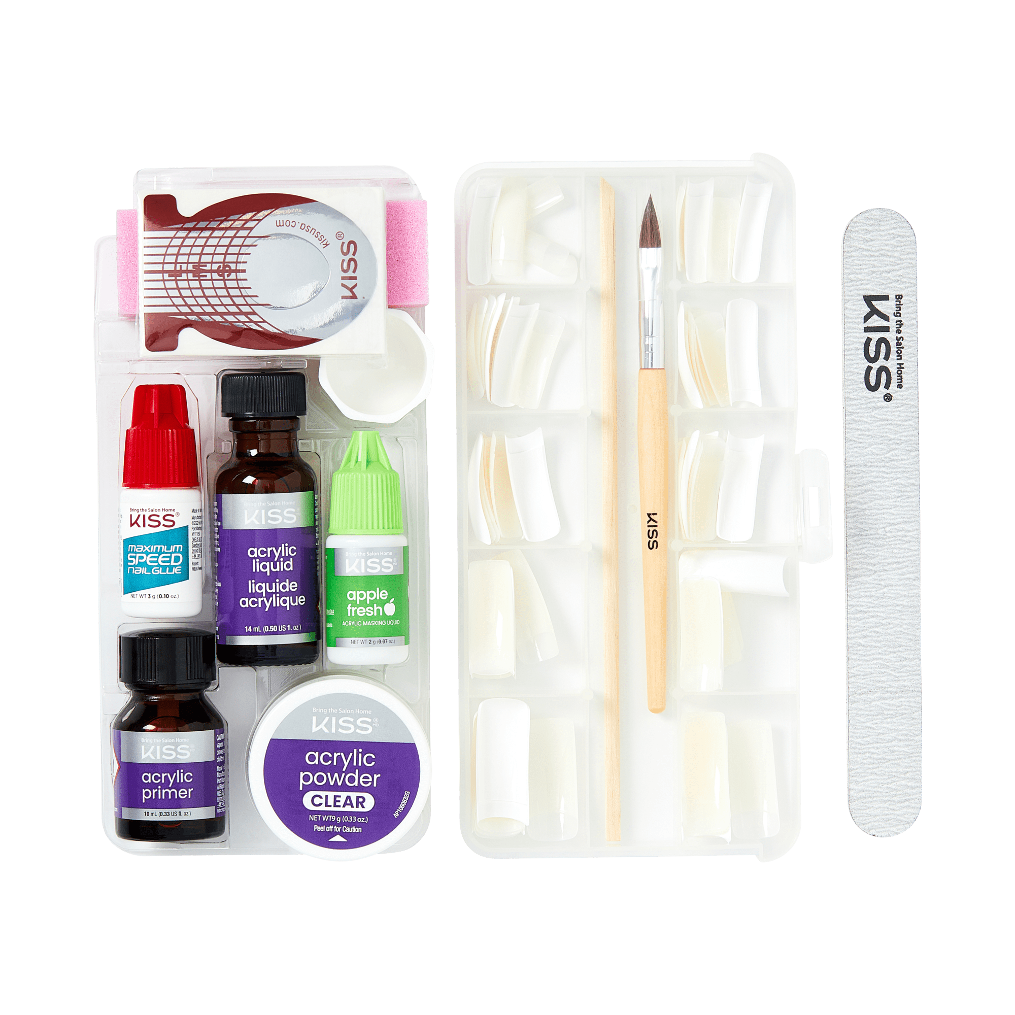 KISS Complete Salon Acrylic Nail Kit with clear acrylic powder, acrylic liquid, primer, nail glue, apple fresh masking liquid, brush, nail tips, orange stick, and nail file.