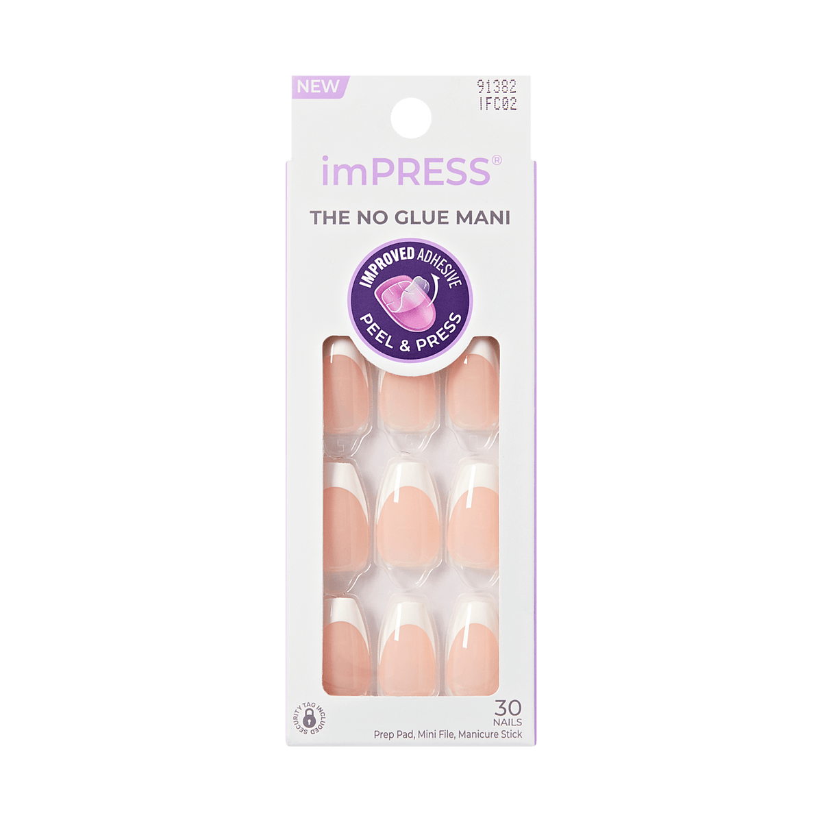 Impress French No Glue Fake Press On Nails - Ideal | French Tips, White & Neutral, Medium, Coffin, Manicure