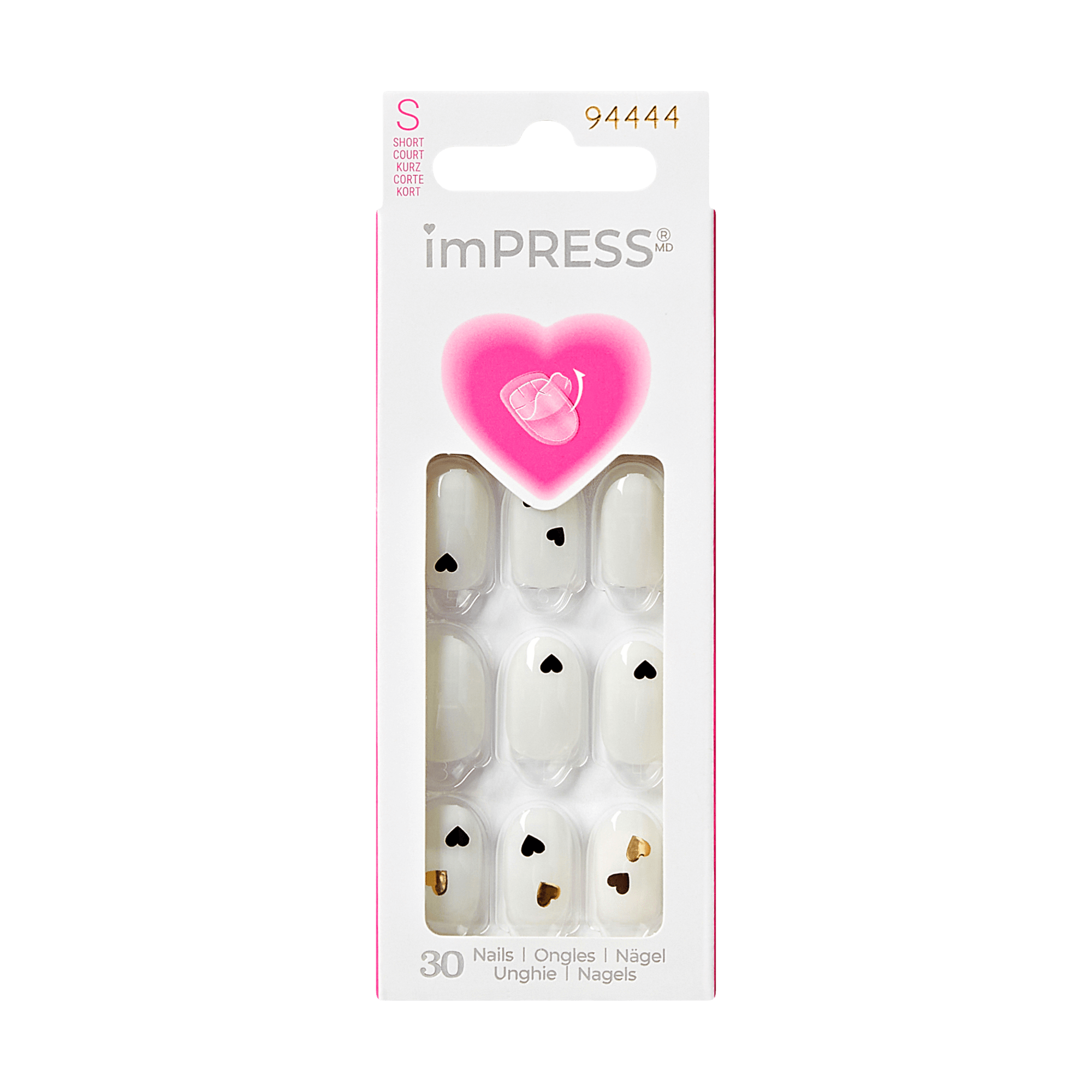 The image features a packaging for imPRESS press-on nails. The design includes a pink heart-shaped logo at the top, and the package displays a total of 30 nails. The nails are predominantly white with black heart designs and some gold accents. The packaging is sleek and modern, emphasizing the ease of use and stylish appearance of the nails.