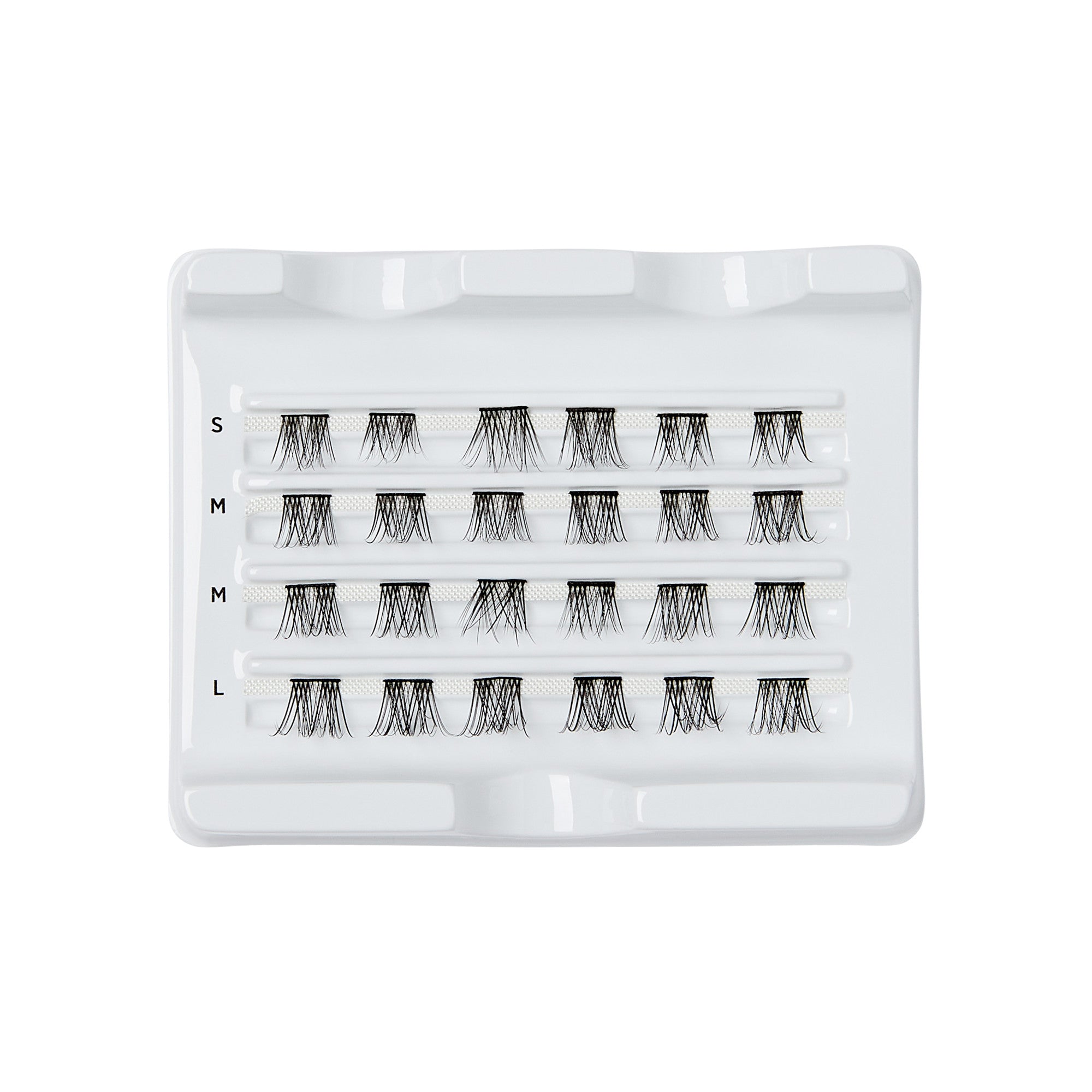 The image shows a white plastic tray containing multiple rows of false eyelash clusters. The tray is divided into four sections, each labeled with a different size: "S" (small), "M" (medium), "M" (medium), and "L" (large). Each section contains several clusters of eyelashes arranged in a neat, organized manner. The eyelashes are black and appear to be made of synthetic fibers. The tray is designed to keep the eyelashes separated and easily accessible for application.